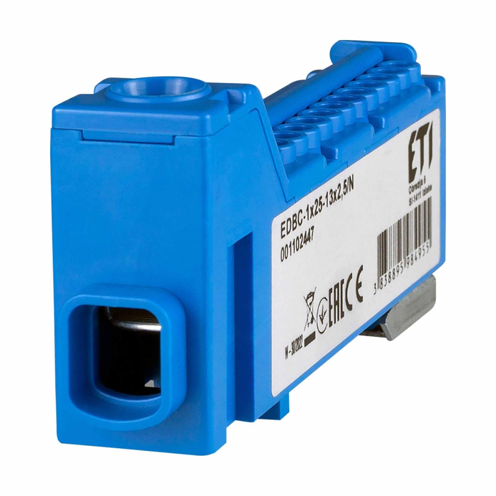 Terminal block, blue, 63A, input: 1x2.5-25mm² and outputs: 13x2.5mm²