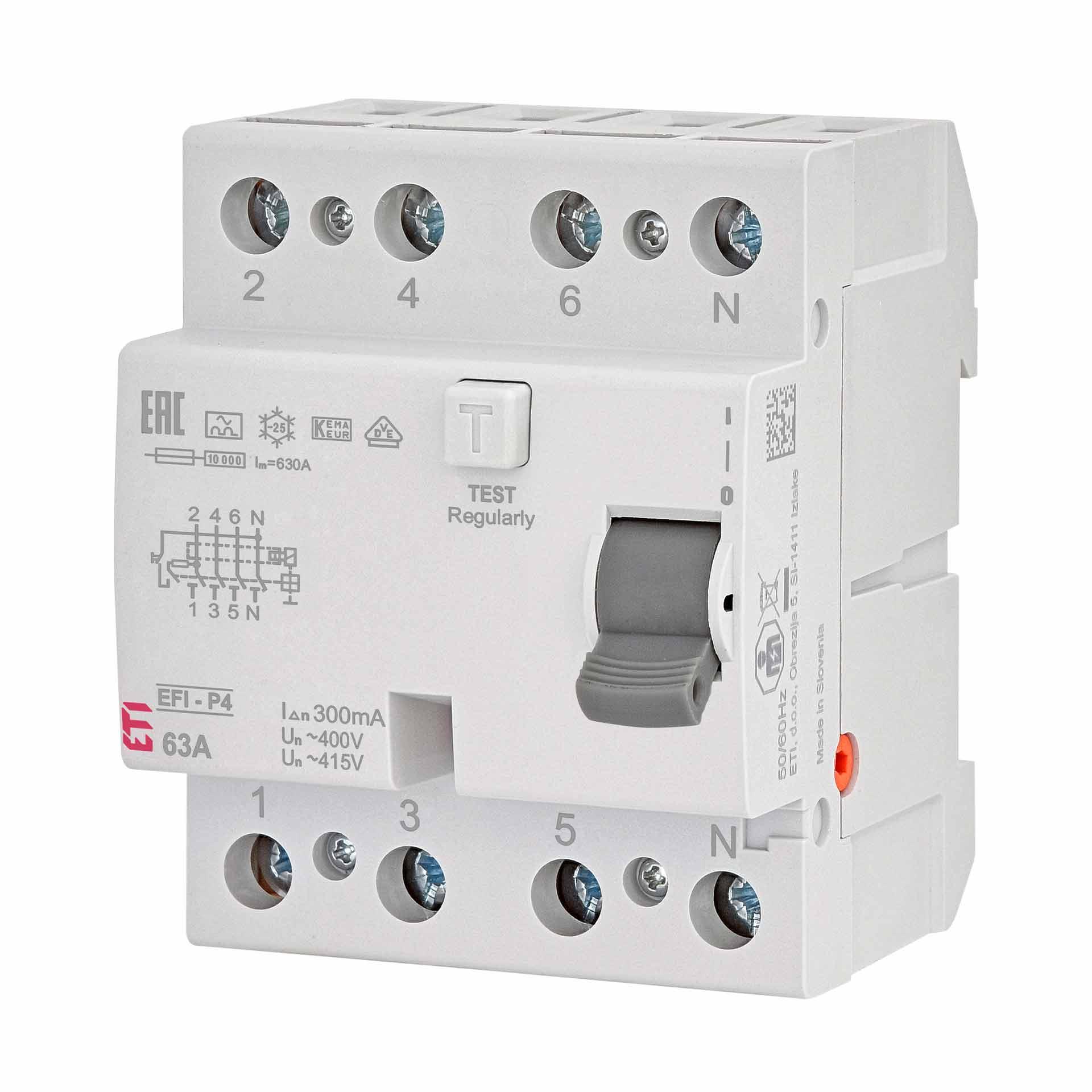 Fehlerstromschutzschalter unverzögert, EFI-P4, Typ-A, 4-polig, 63A, 10kA (0.3A)