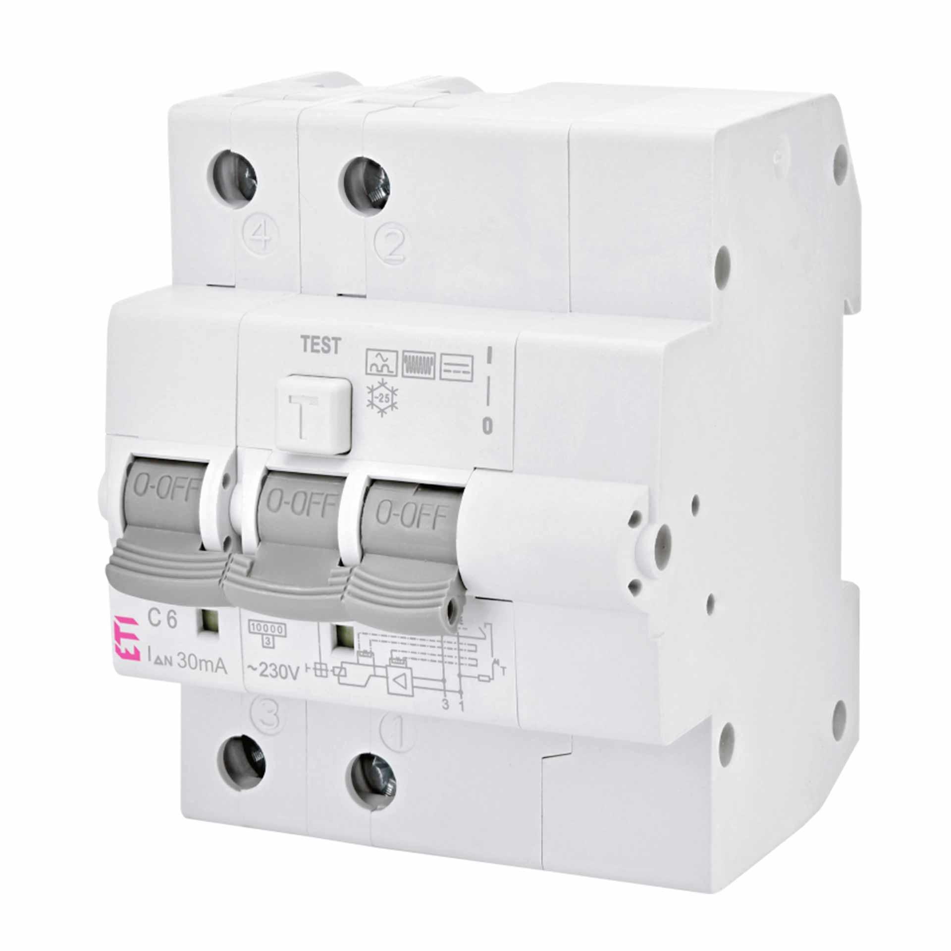 Disjoncteur différentiel (FI-LS),  KZS-4M, type B, 2 pôles, caractéristique C / 6A, 10kA (0.03A)