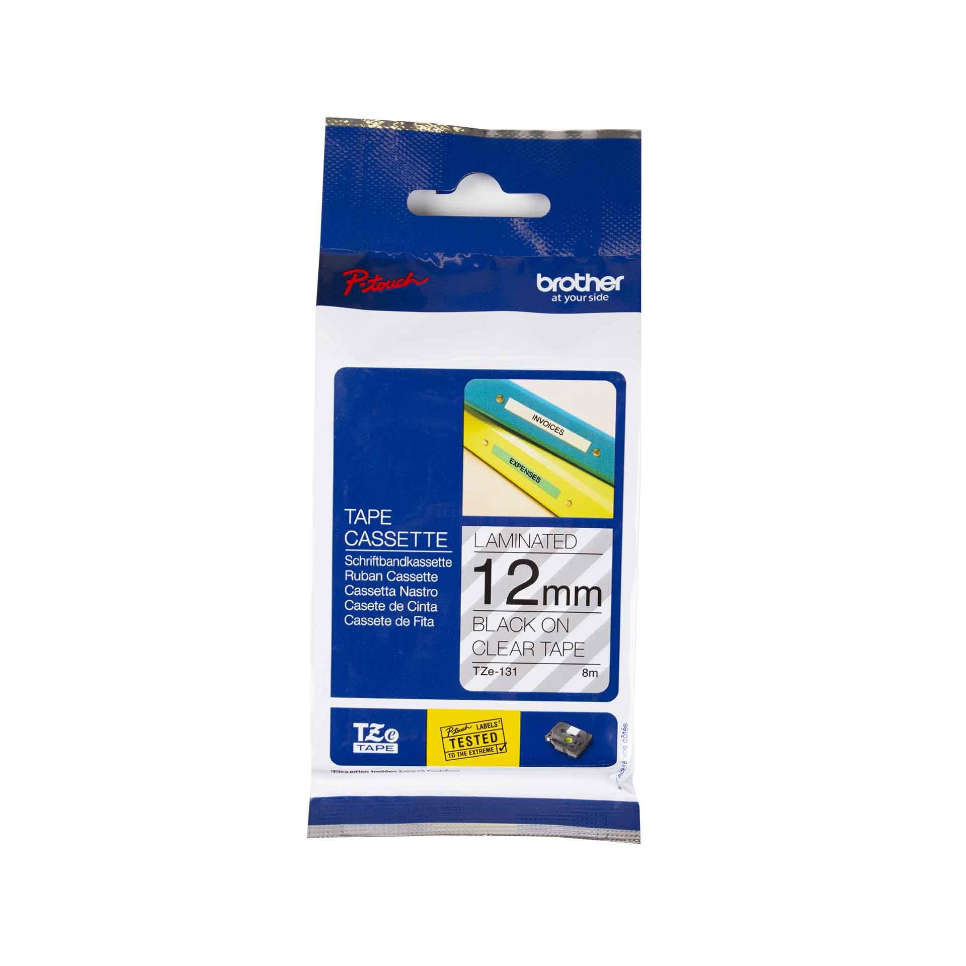 Cassette à ruban pour étiqueteuse Brother, 12mm x 8m, P-Touch TZE-131, transparent / police noir