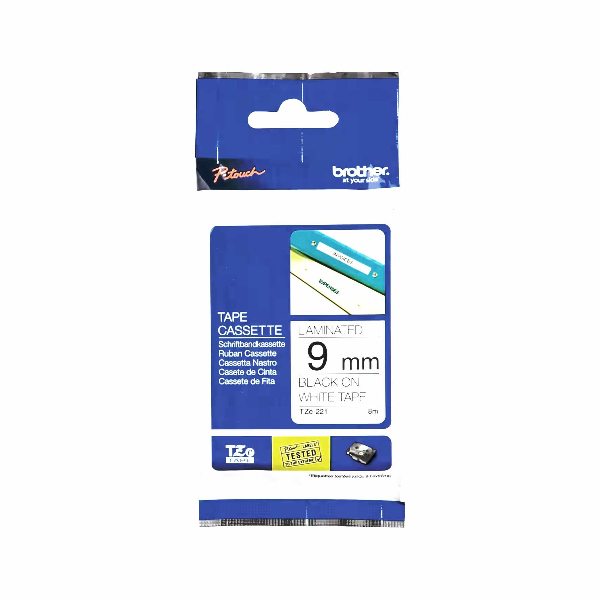 Cassette à ruban pour étiqueteuse Brother, 9mm x 8m, P-Touch TZE-221, blanc / police noir