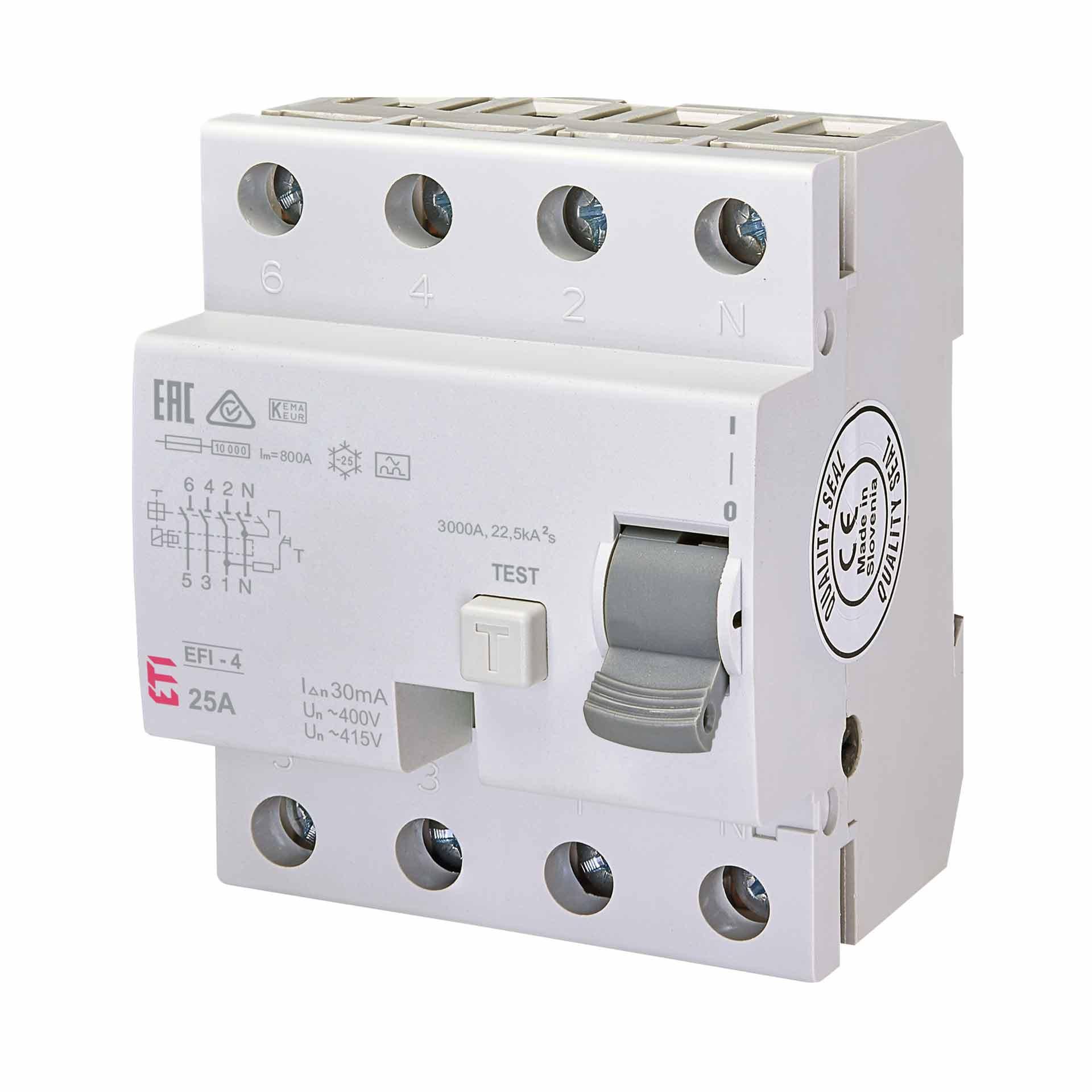 Interruttore differenziale, istantaneo, EFI-4, tipo A, a 4 poli, 25A, 10kA (0,03A)