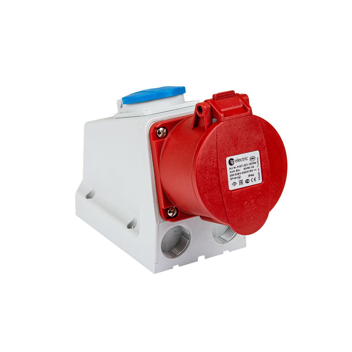 Prise AP CEE 32A 5P 6h, 3PNE 400V avec T23 protégée 10A, contacts nickelés Prise AP CEE 32A 5P 6h, 3PNE 400V avec T23 protégée 10A, contacts nickelés