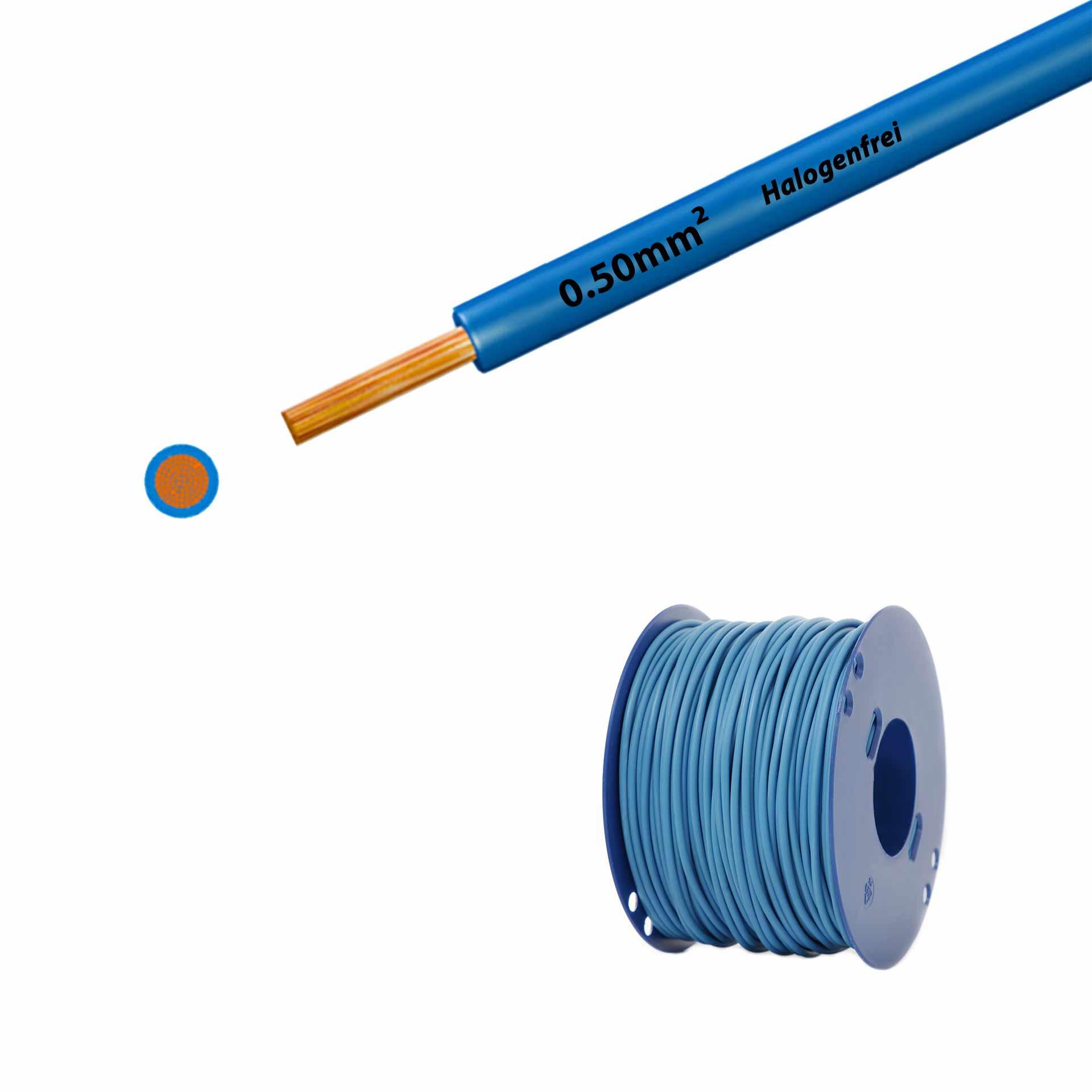 Cavo a trefoli senza alogeni 90° C, 500V, 0,50 mm2, blu chiaro (RAL 5012), su bobina di plastica Cavo a trefoli senza alogeni 90° C, 500V, 0,50 mm2, blu chiaro (RAL 5012), su bobina di plastica