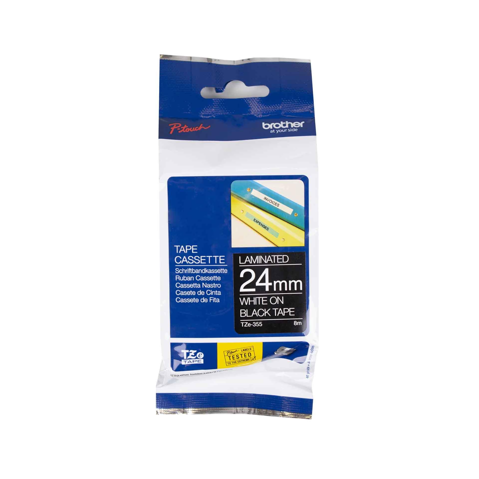 Cassette à ruban pour étiqueteuse Brother, 24mm x 8m, P-Touch TZE-355, noir / police blanc