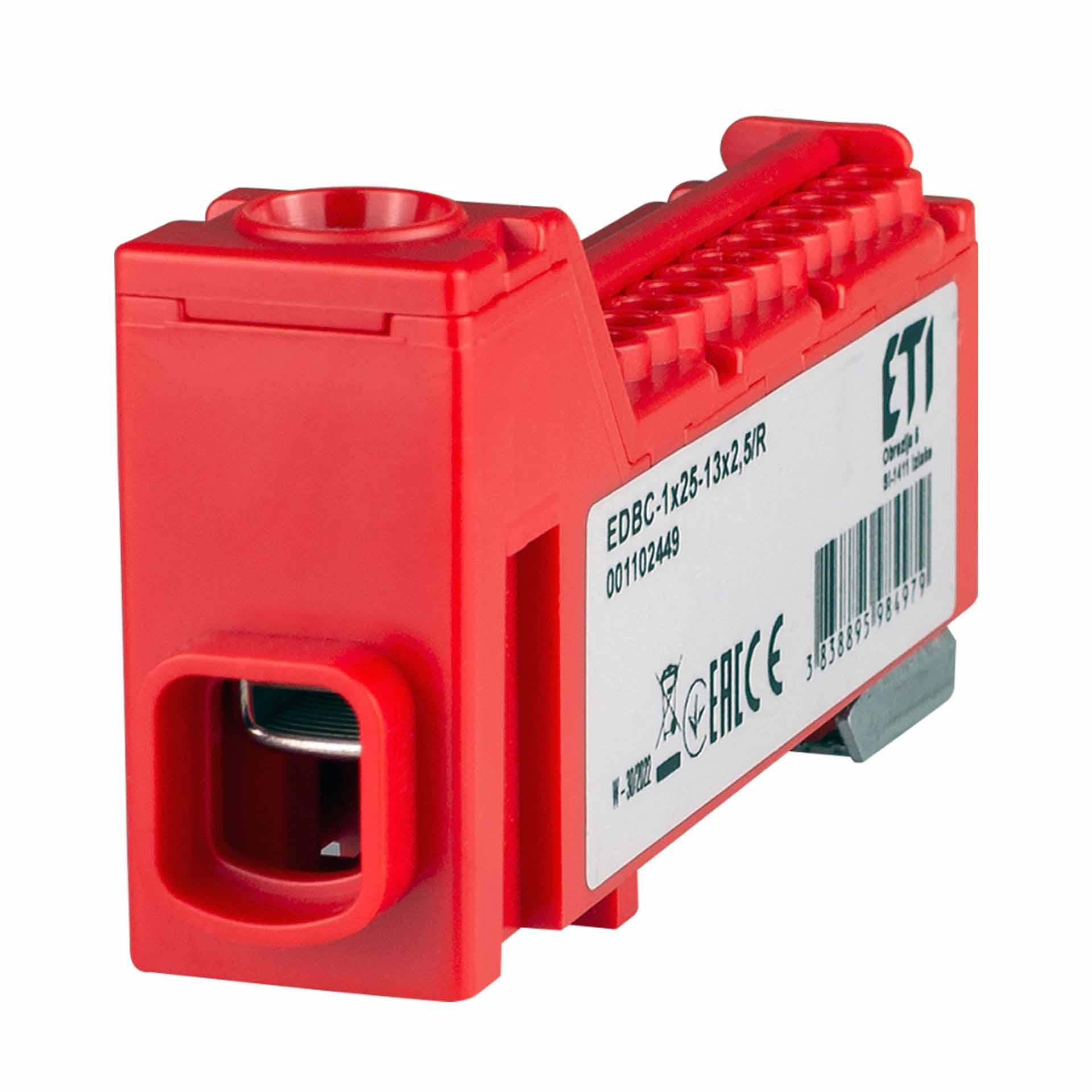Terminal block, red, 63A, input: 1x2.5-25mm² and outputs: 13x2.5mm²