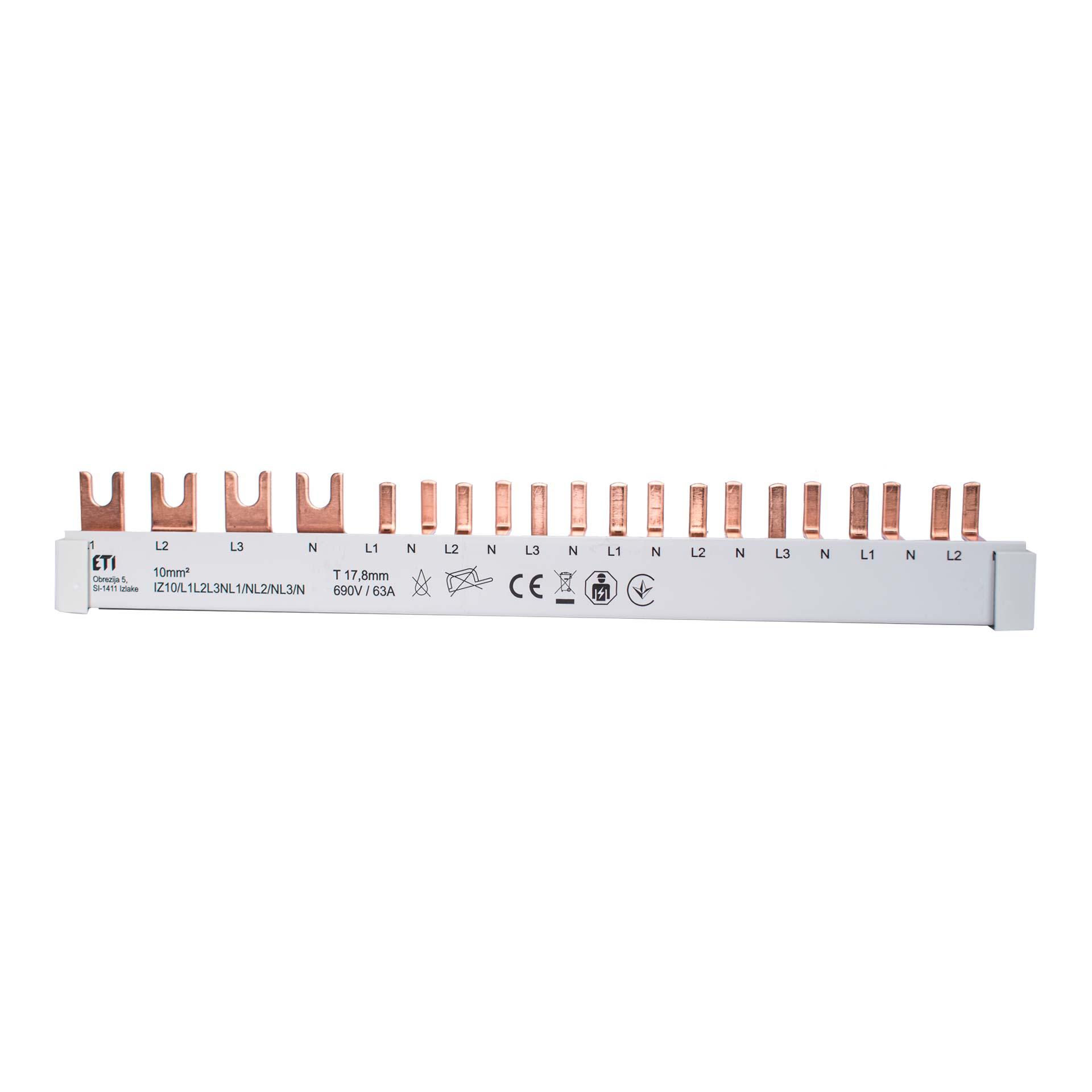Isolierte Phasenschiene 10mm2, 63A (1x3PN-4MOD, 8x1PN-1MOD) Isolierte Phasenschiene 10mm2, 63A (1x3PN-4MOD, 8x1PN-1MOD)