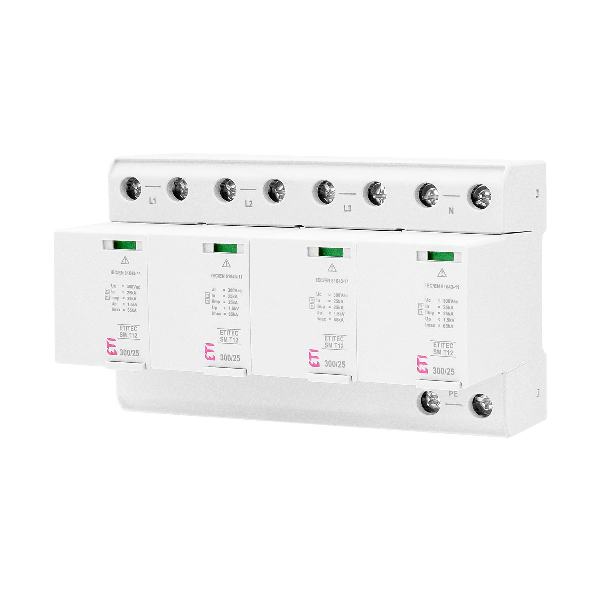 Scaricatore di sovratensione tipo 1+2, ETITEC SM T12 300/25 4+0 RC, senza corrente di dispersione, (TN-S)