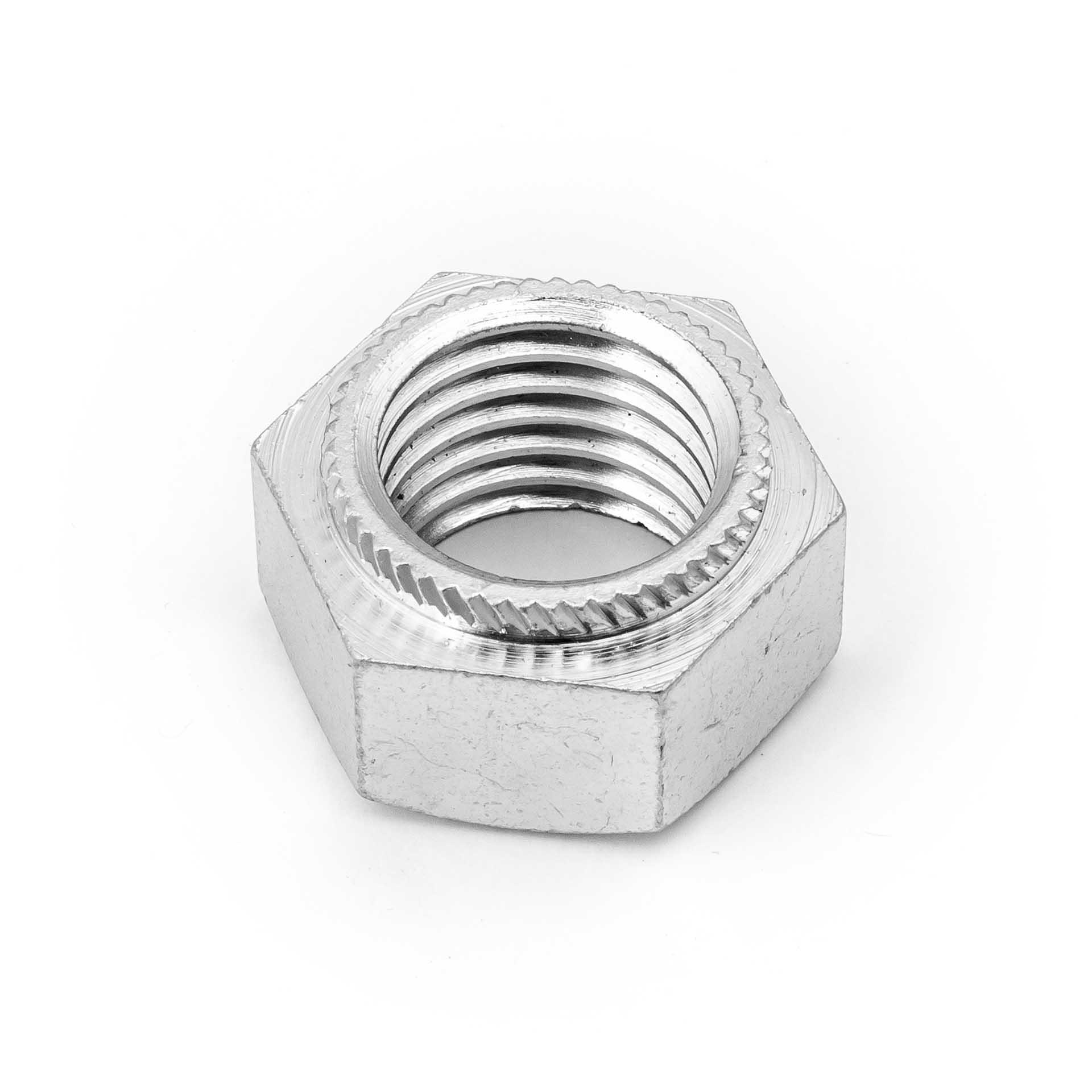 Écrous hexagonaux à sertir M16, alésage Ø 18.5mm, acier cémenté trempé, zingué-bleu Écrous hexagonaux à sertir M16, alésage Ø 18.5mm, acier cémenté trempé, zingué-bleu