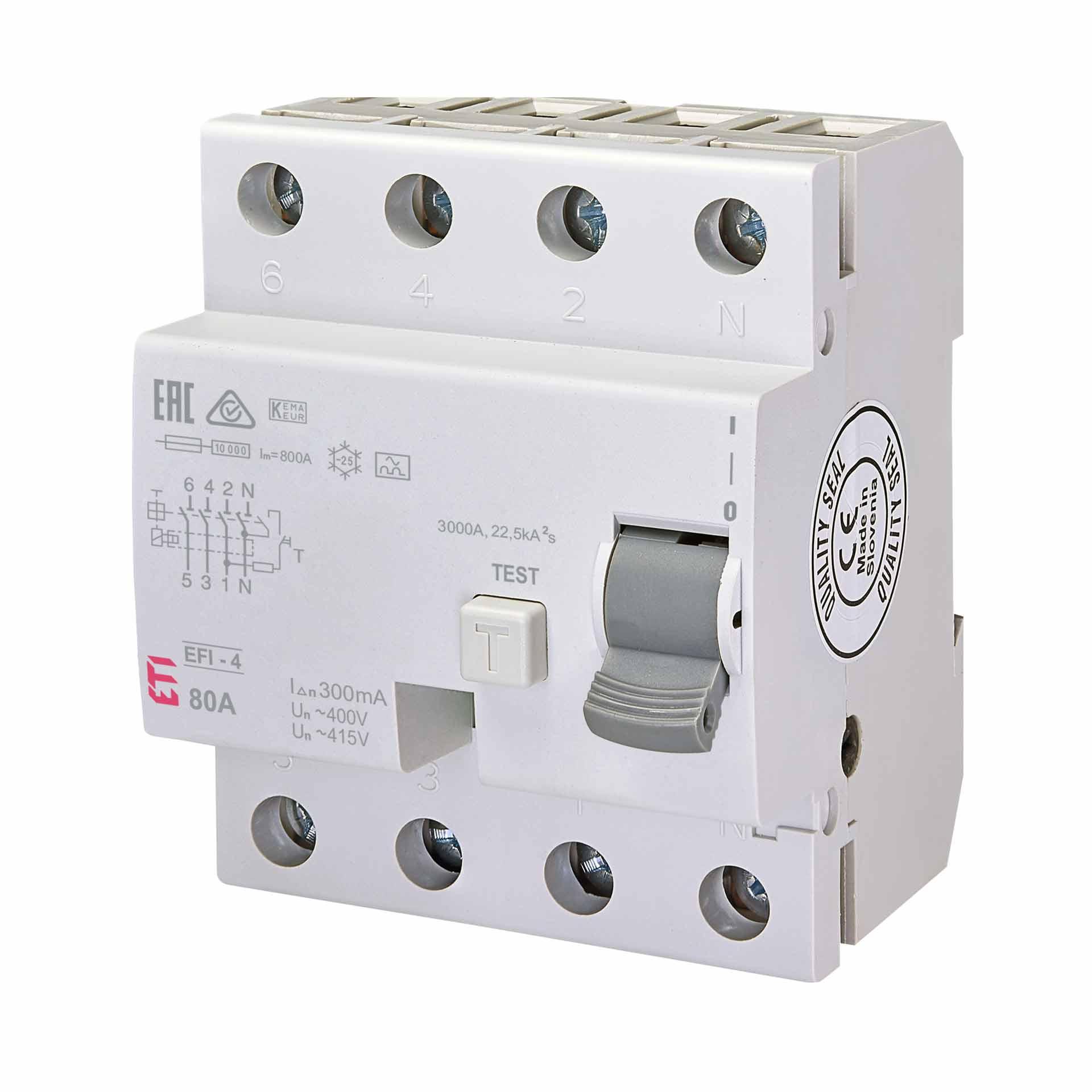 Interrupteur différentiel instantané, EFI-4, type A, 4 pôles, 80A, 10kA (0.3A)