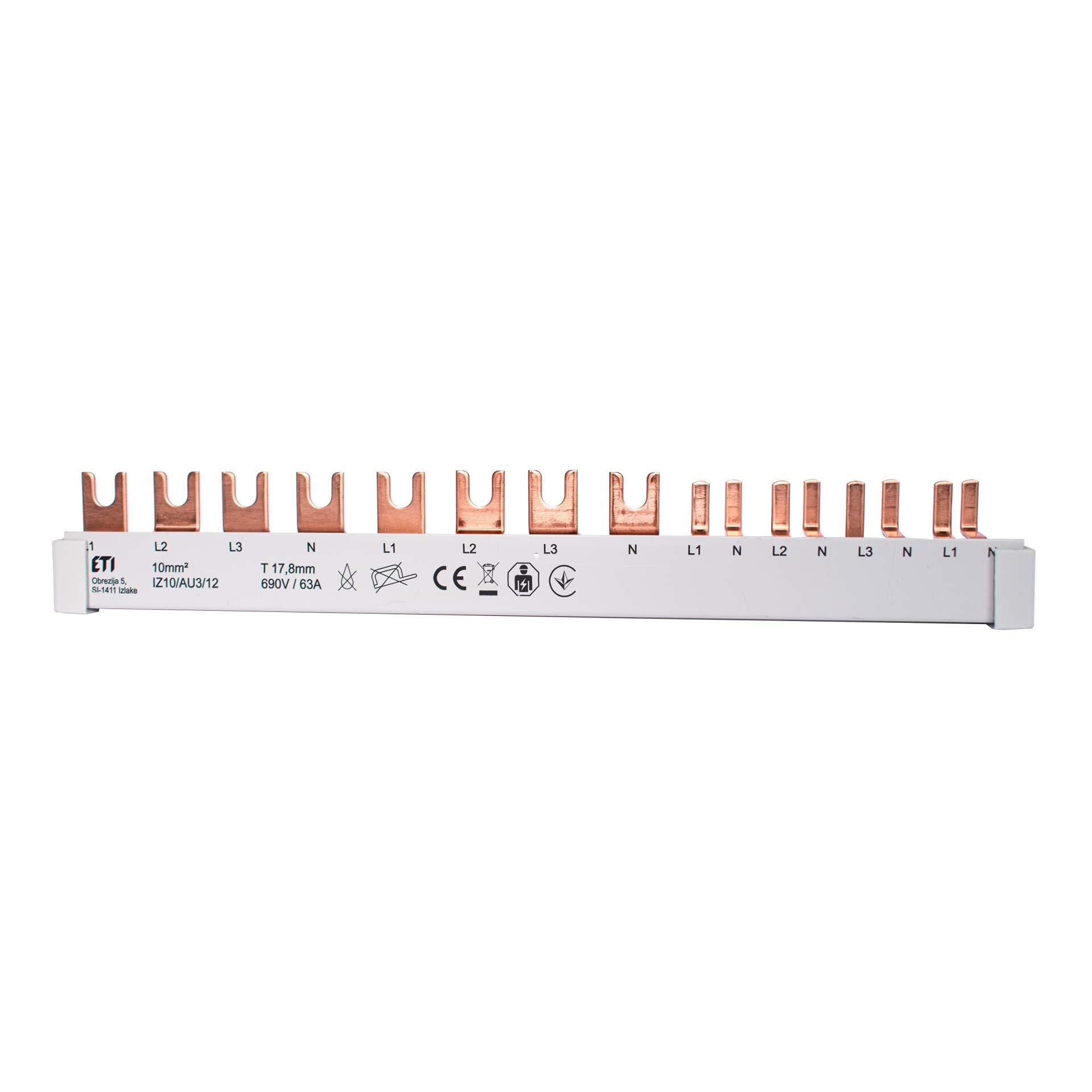 Isolierte Gabel-Phasenschiene 10mm2, 63A (2x3PN & 4x1PN) Isolierte Gabel-Phasenschiene 10mm2, 63A (2x3PN & 4x1PN)