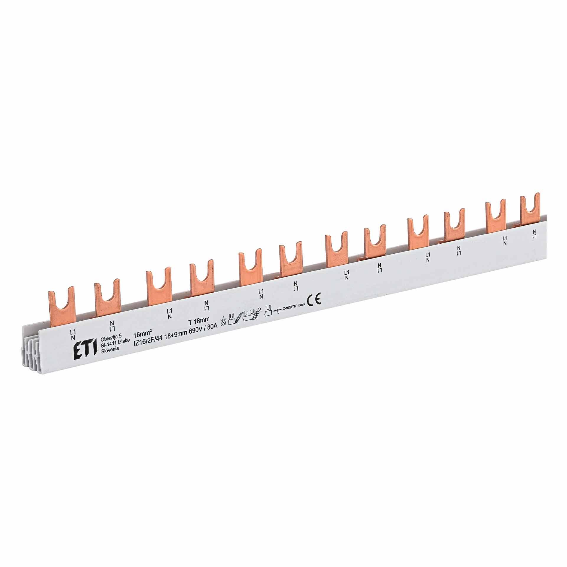 Sbarra di fase isolata, tagliabile, 2P con contatto ausiliario {L, N, HK}, 55 Mod. 990mm, 16mm, 80A Sbarra di fase isolata, tagliabile, 2P con contatto ausiliario {L, N, HK}, 55 Mod. 990mm, 16mm, 80A