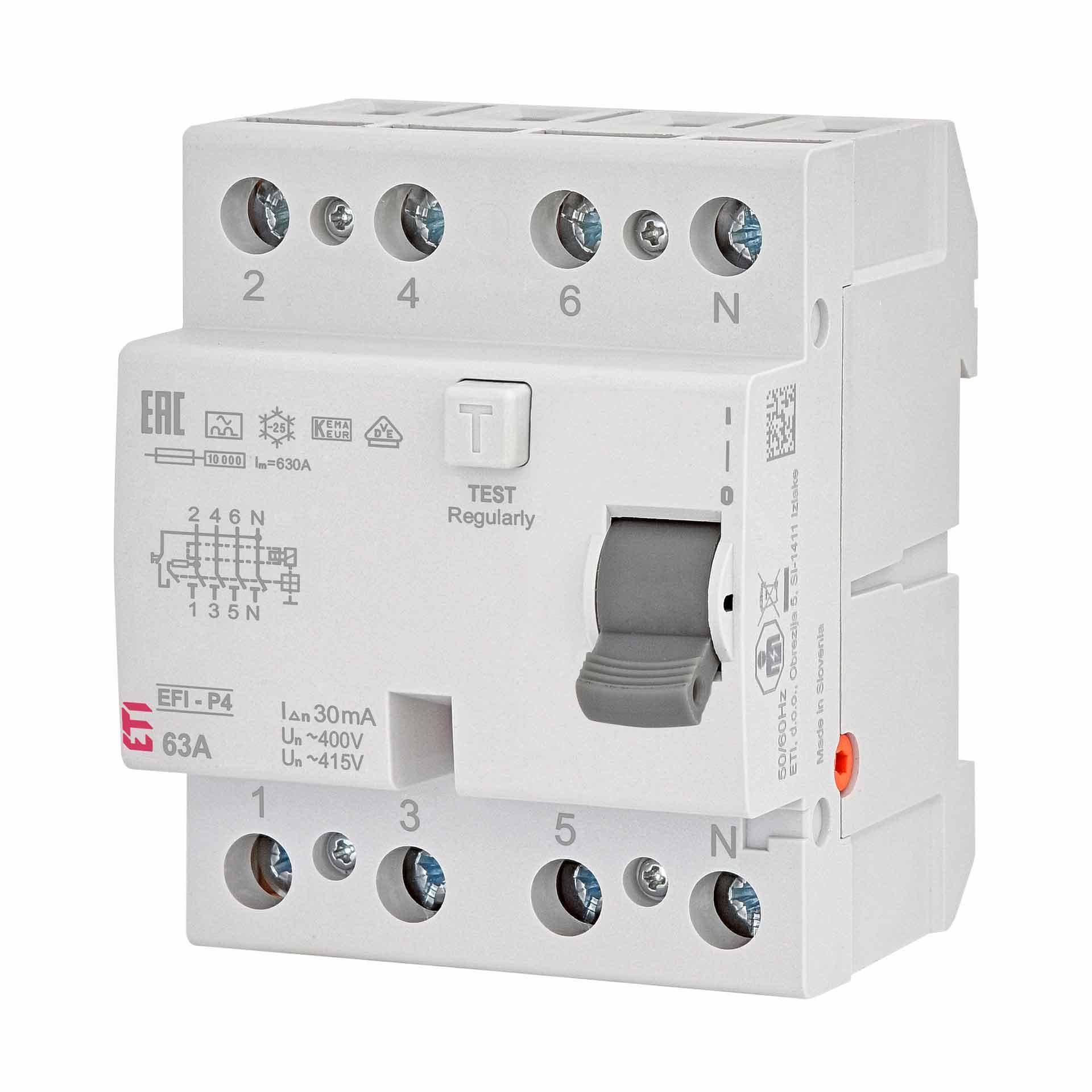 Fehlerstromschutzschalter unverzögert, EFI-4, Typ-A, 4-polig, 63A, 10kA (0.03A)