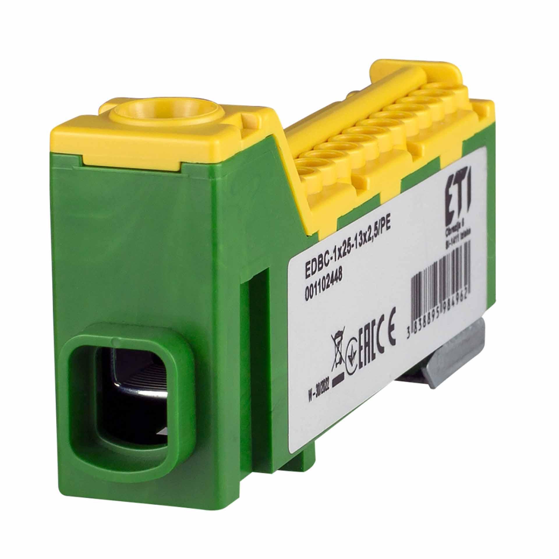 Blocs de bornes, jaune-vert, 63A, entrées: 1x2.5-25mm² et sorties: 13x2,5mm² Blocs de bornes, jaune-vert, 63A, entrées: 1x2.5-25mm² et sorties: 13x2,5mm²
