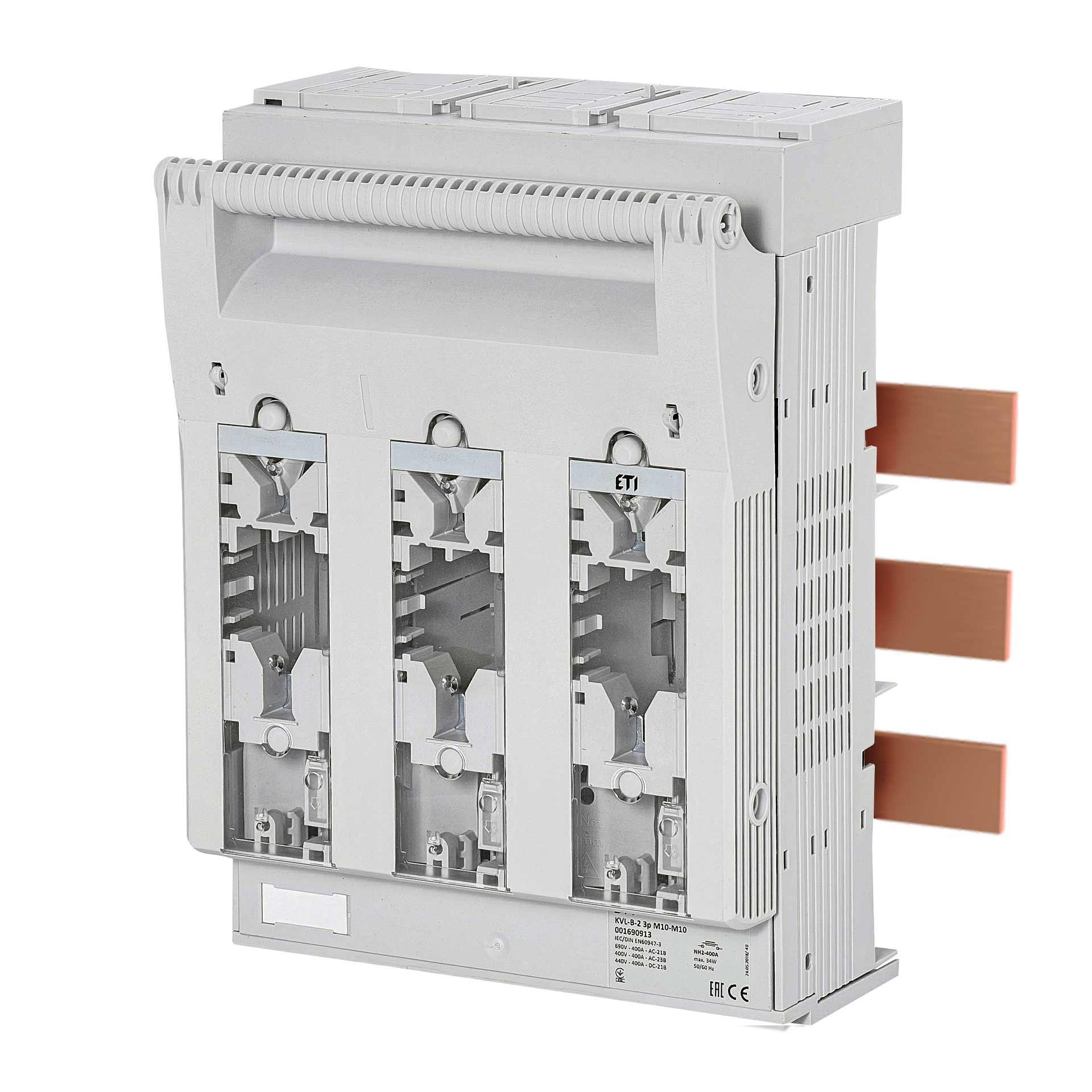Sezionatore con fusibili NH taglia 2, 3P, max. 400A, KVL-B M10-M10 (sistema a sbarre)