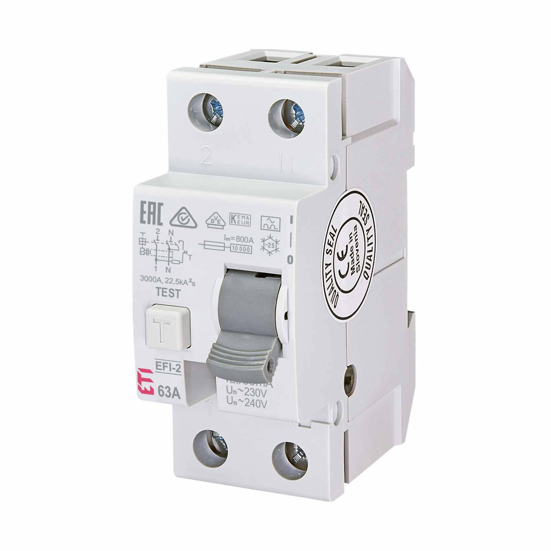Interruttore differenziale, istantaneo, EFI-2, tipo A, bipolare, 63A, 10kA (0,03A)