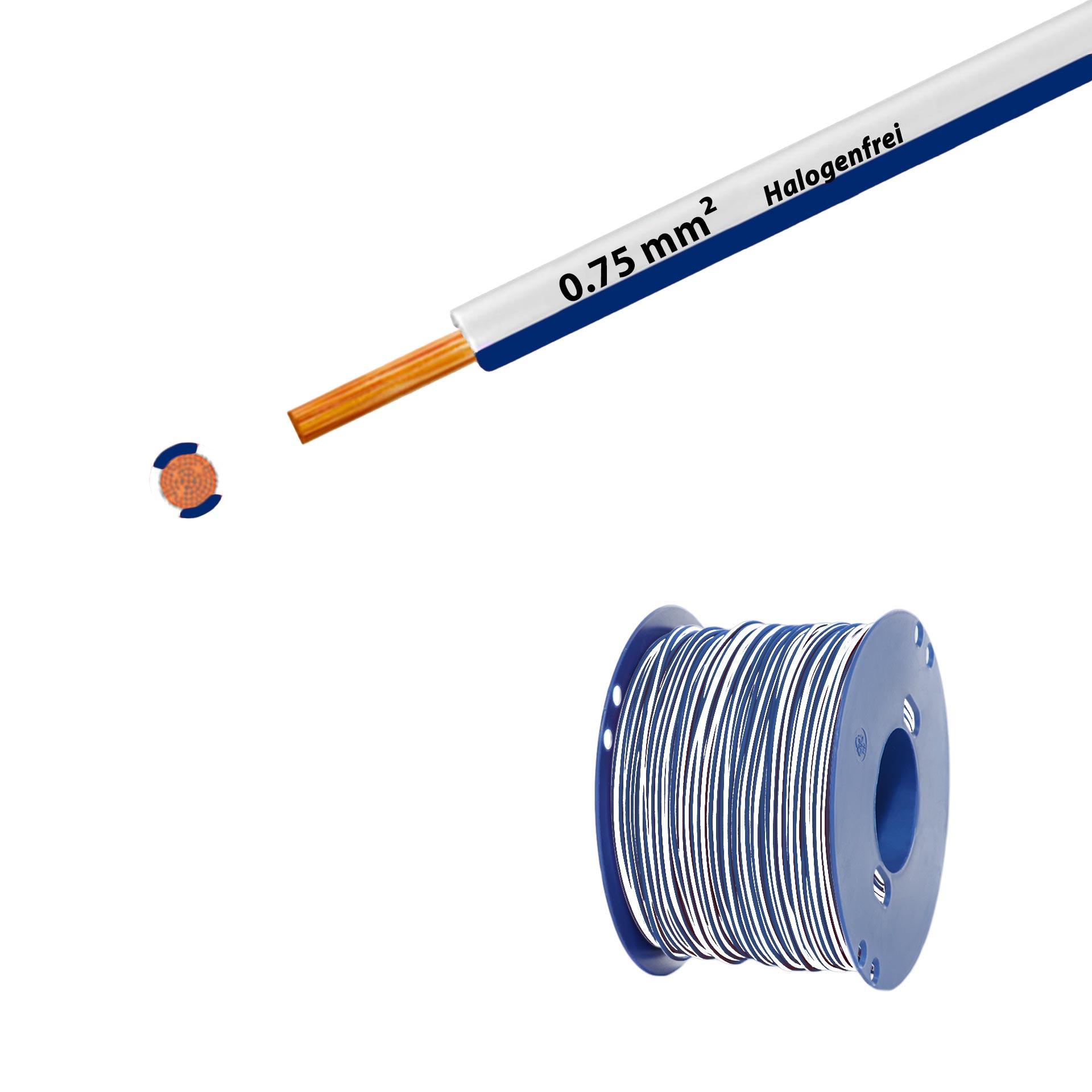 Litze halogenfrei 90° C , 500V, 0.75mm2, weiss-dunkelblau (RAL 9010/5010), auf Kunststoffrolle