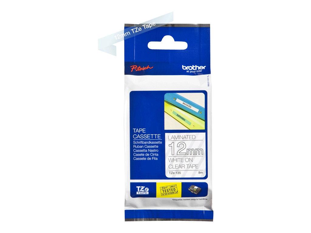 Cassette à ruban pour étiqueteuse Brother, 12mm x 8m, P-Touch TZE-135, transparent / police blanc