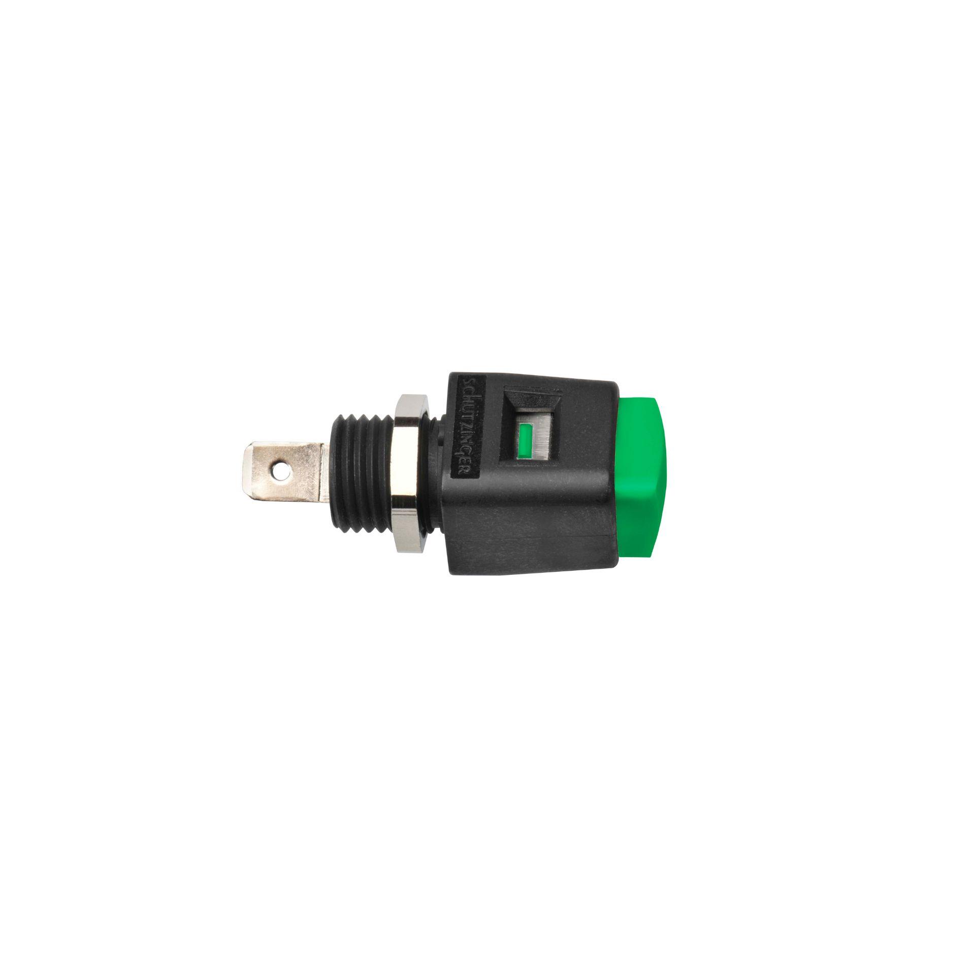 Terminale a pressione ad azione rapida, installazione completamente isolata per pannelli frontali in metallo, verde Terminale a pressione ad azione rapida, installazione completamente isolata per pannelli frontali in metallo, verde