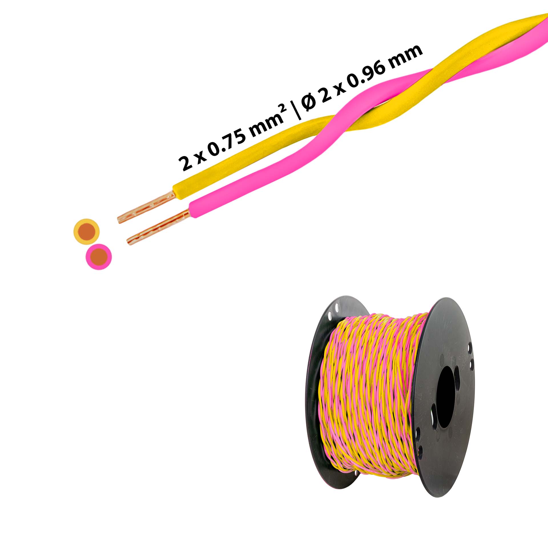 Fil en T torsadé 2 x 0.75mm2, jaune-rose Fil en T torsadé 2 x 0.75mm2, jaune-rose