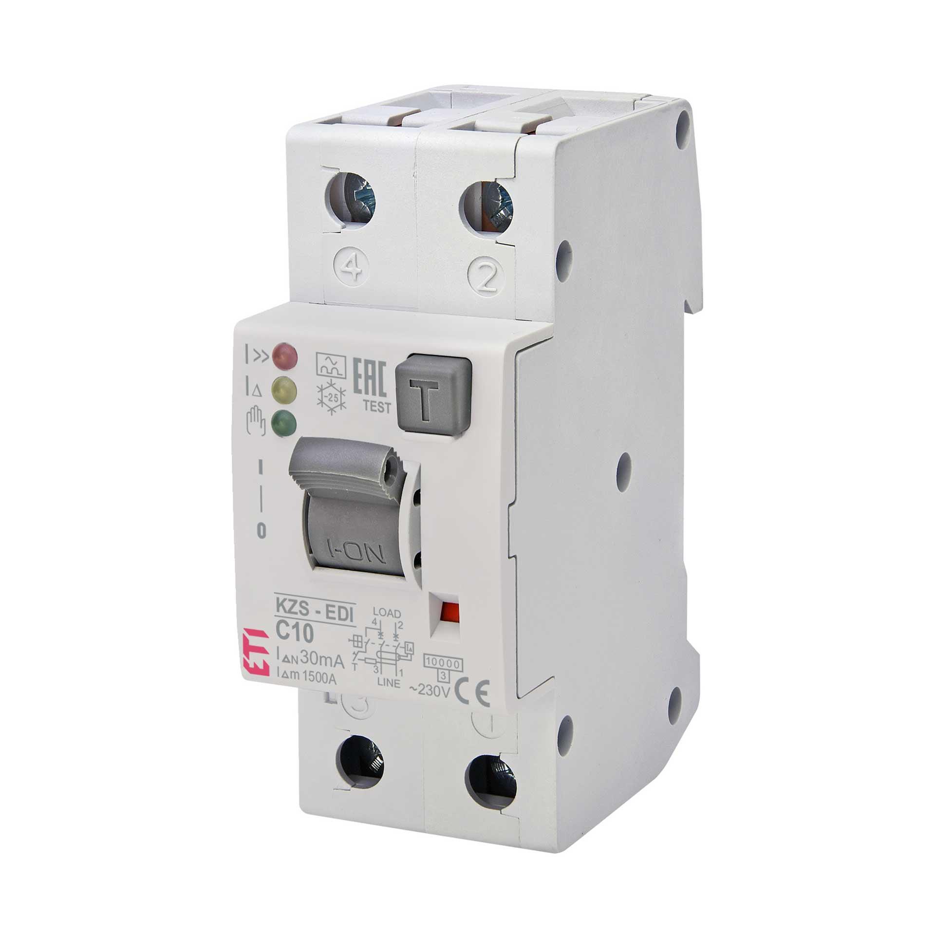 Disjoncteur différentiel (FI-LS) avec signal LED, KZS-2M, type A, 2 pôles EDI, caractéristique C / 1