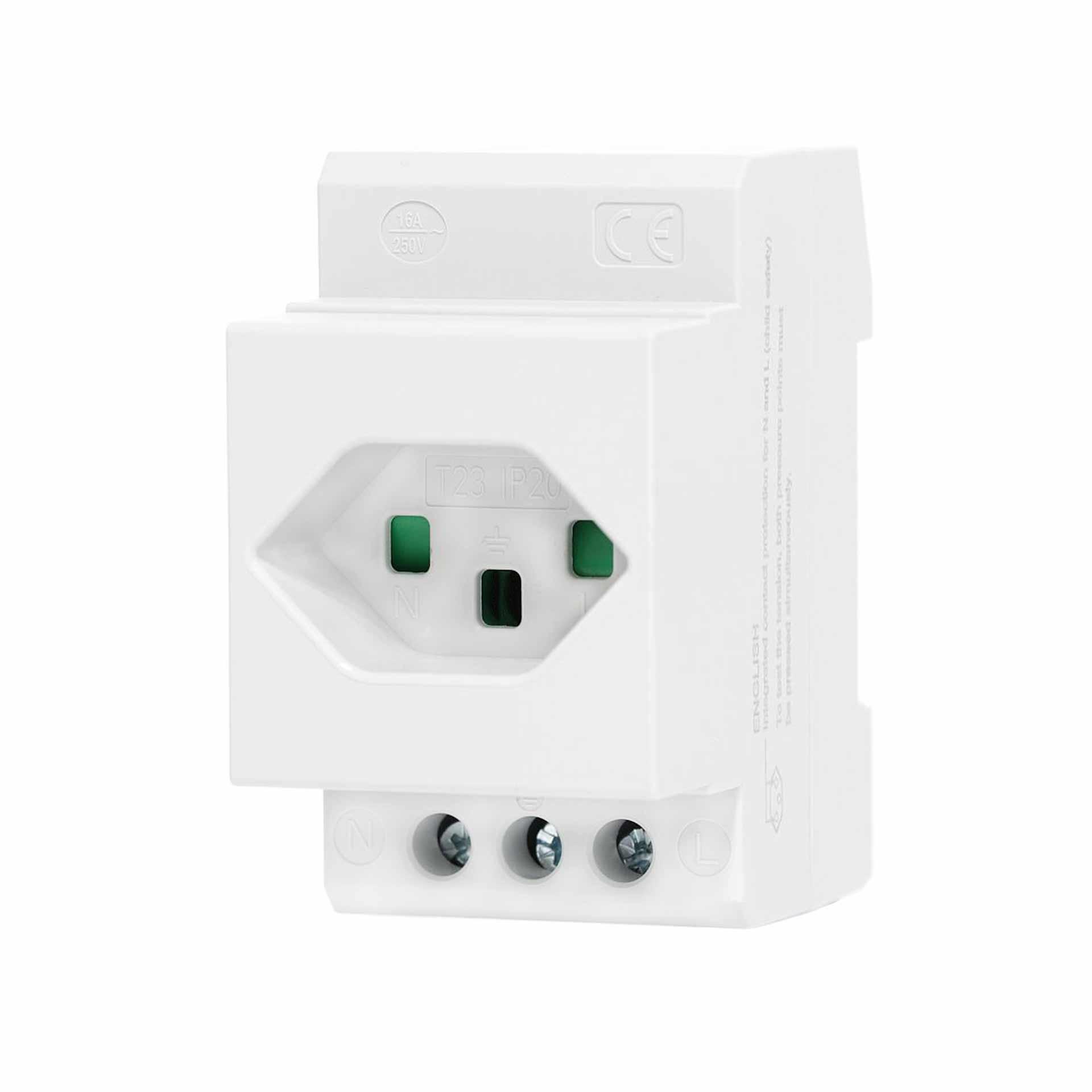 Presa di corrente da incasso T23 16A per guida Din, larghezza solo 2,5 moduli (44 mm), grigio chiaro RAL 7035 Presa di corrente da incasso T23 16A per guida Din, larghezza solo 2,5 moduli (44 mm), grigio chiaro RAL 7035