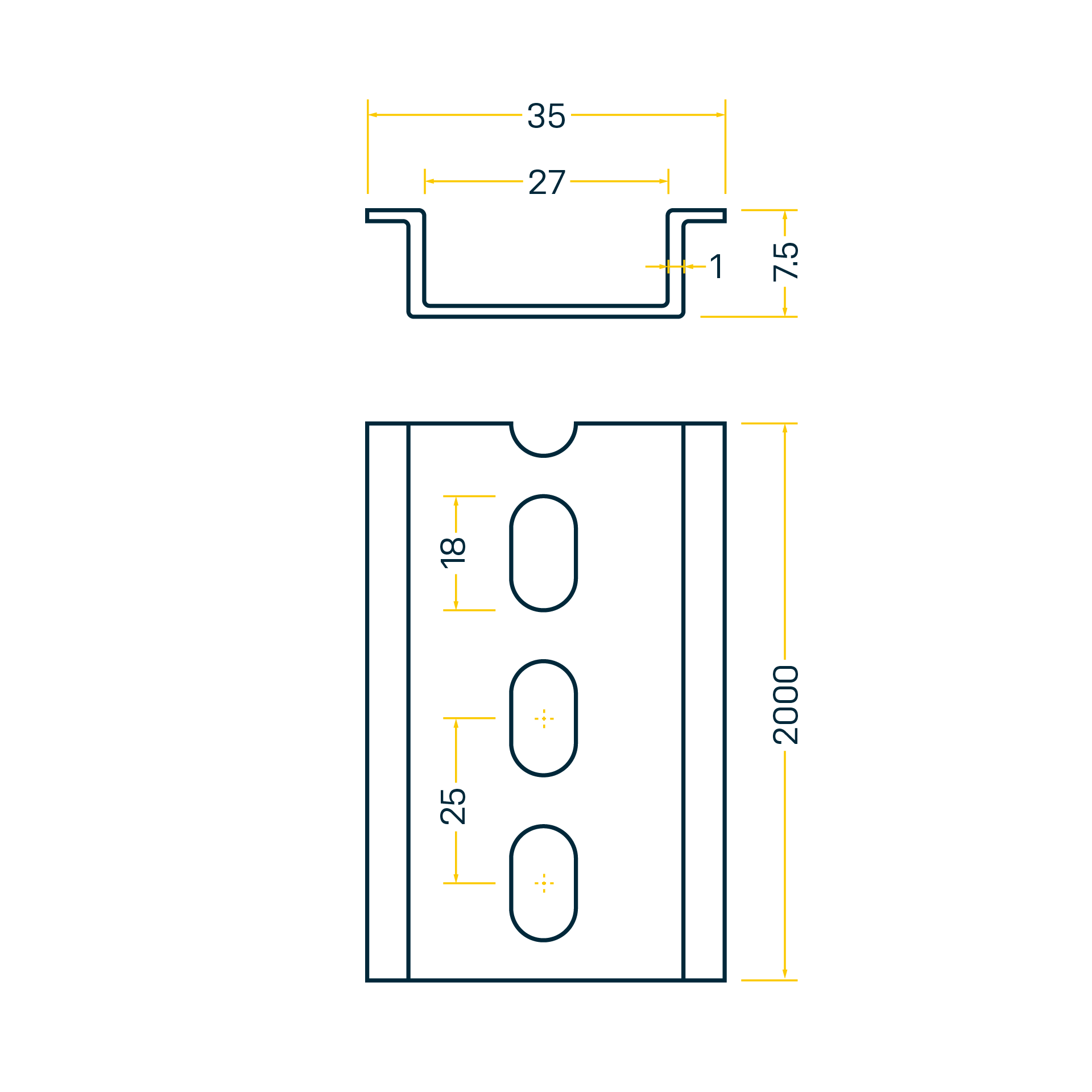 Rail DIN 35x7.5mm, barre de 2m, acier galvanisé,trous oblongs 6.3x18mm (espacement 25mm) Rail DIN 35x7.5mm, barre de 2m, acier galvanisé,trous oblongs 6.3x18mm (espacement 25mm)