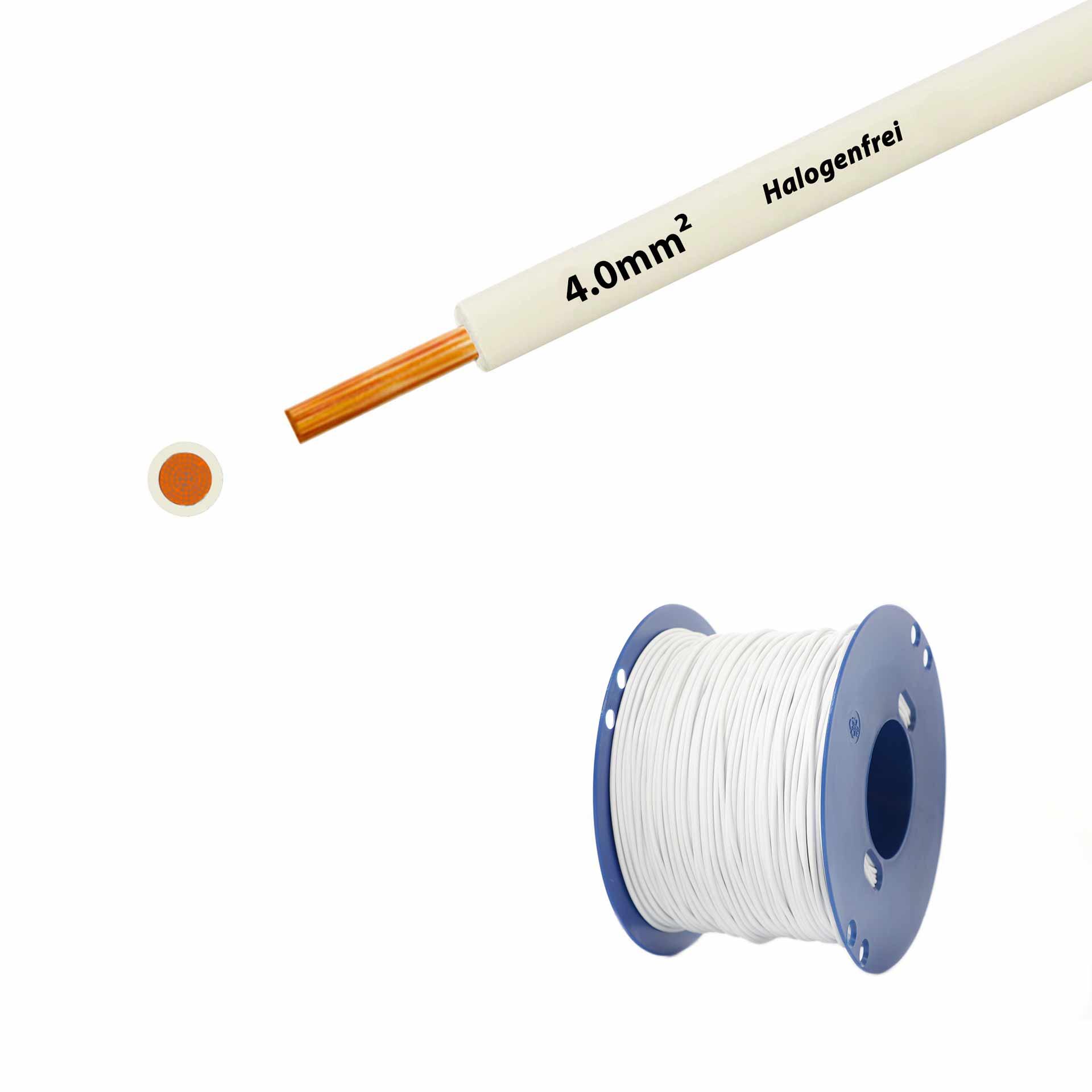 Litze halogenfrei 90° C , 750V, 4.00mm2, weiss (RAL 9010), auf Kunststoffrolle