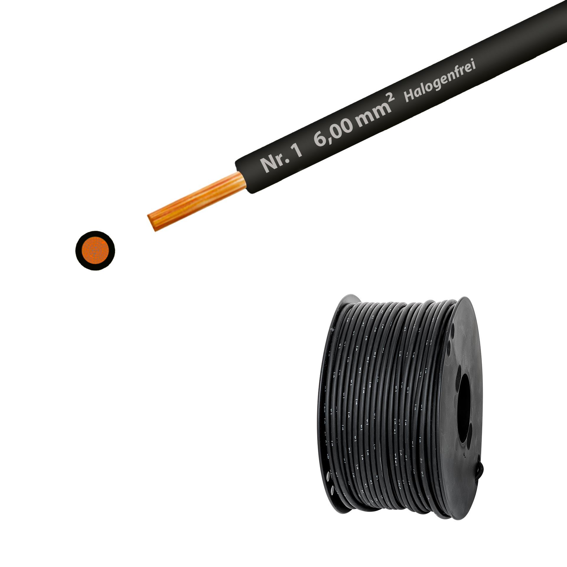Litze halogenfrei 90° C , 750V, 6.00mm2, schwarz Nr. 1 (RAL 9005), auf Kunststoffrolle