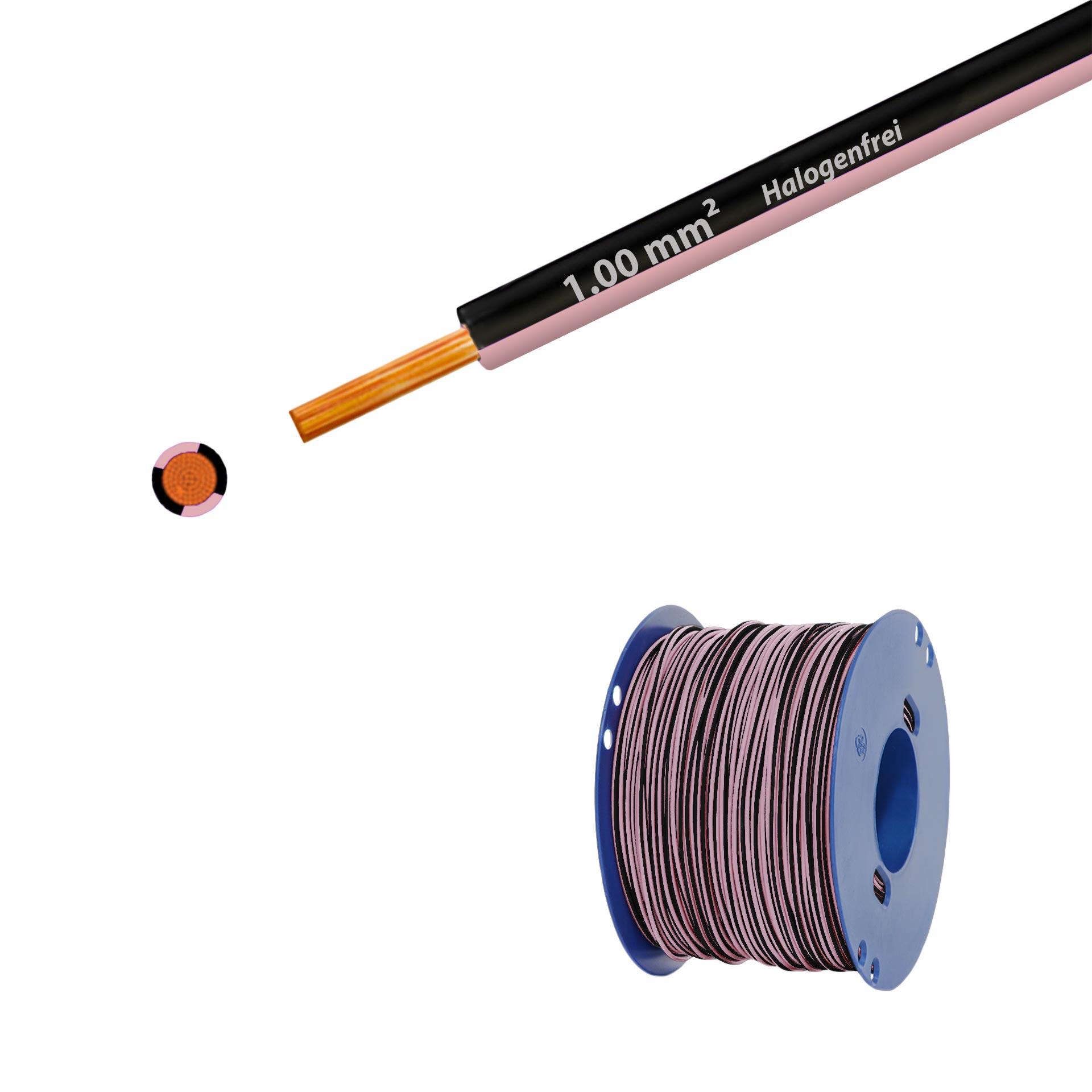 Litze halogenfrei 90° C , 500V, 1.00mm2, schwarz-rosa (RAL 9005/3015), auf Kunststoffrolle