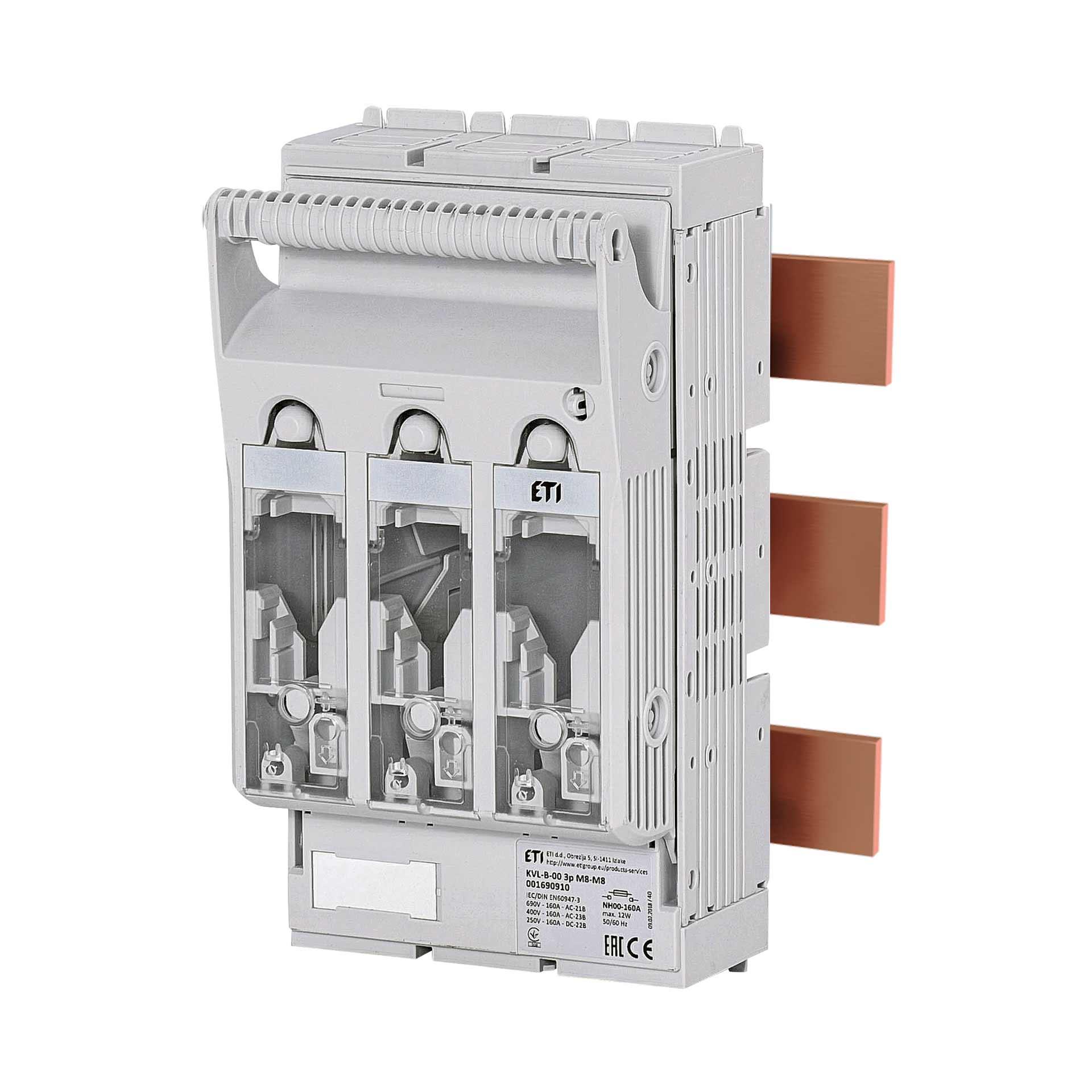 Sezionatore con fusibili NH taglia 00, 3P, max. 160A, KVL-B 00 M8-M8 (sistema a sbarre)