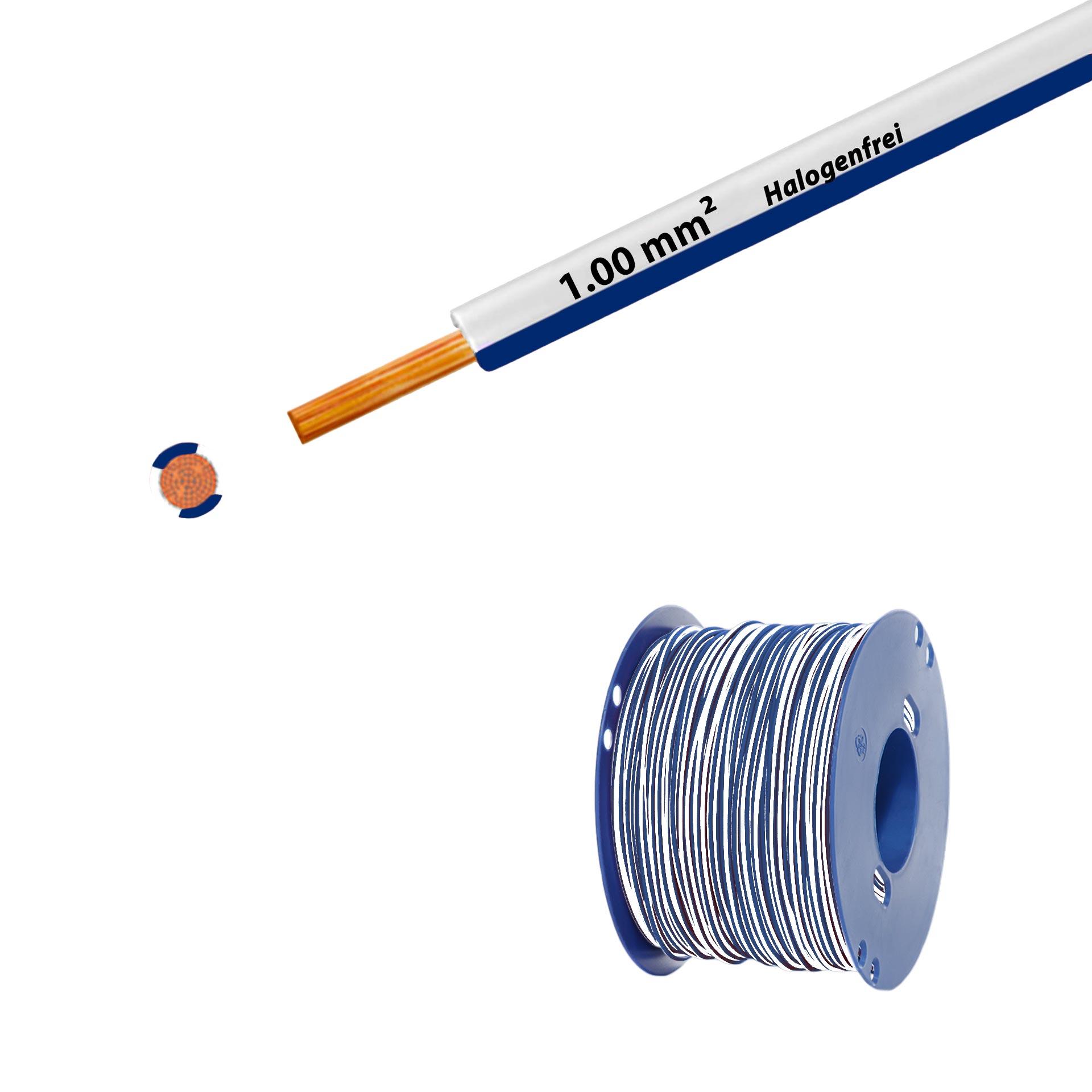 Litze halogenfrei 90° C , 500V, 1.00mm2, weiss-dunkelblau (RAL 9010/5010), auf Kunststoffrolle