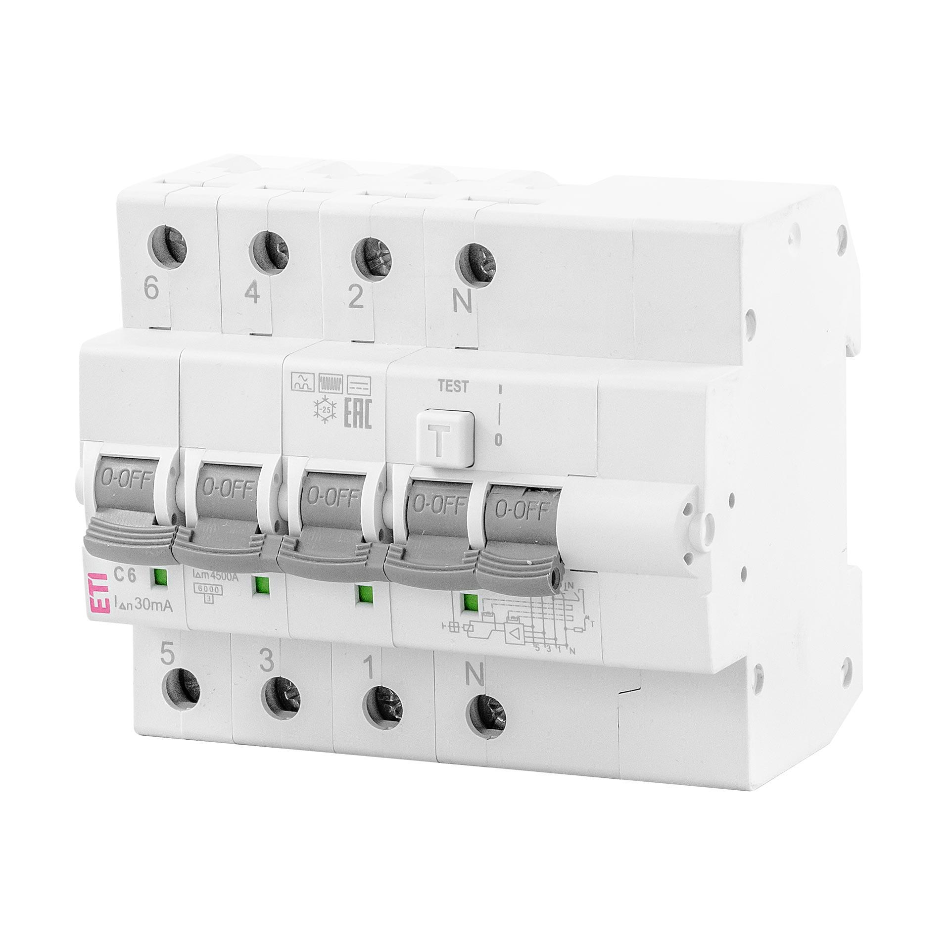 FI/LS, KZS-6M, type-B, 3-pole+N, characteristic C / 6A, 6kA (0.03A)