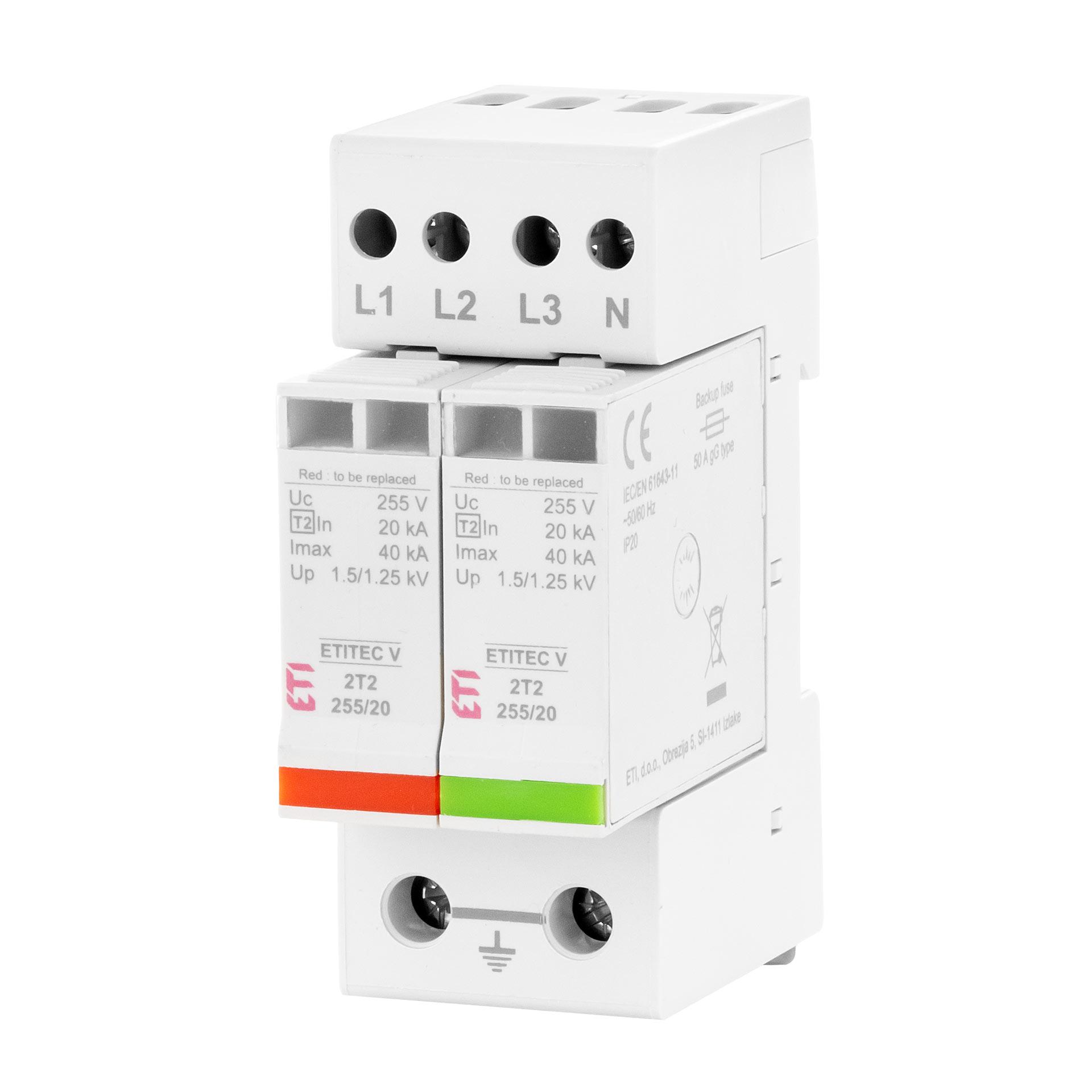 Scaricatore di sovratensione tipo 2, ETITEC V C 2T2 255/20 3+1 RC, 4 poli in 2 TE, (TN-S & TT)