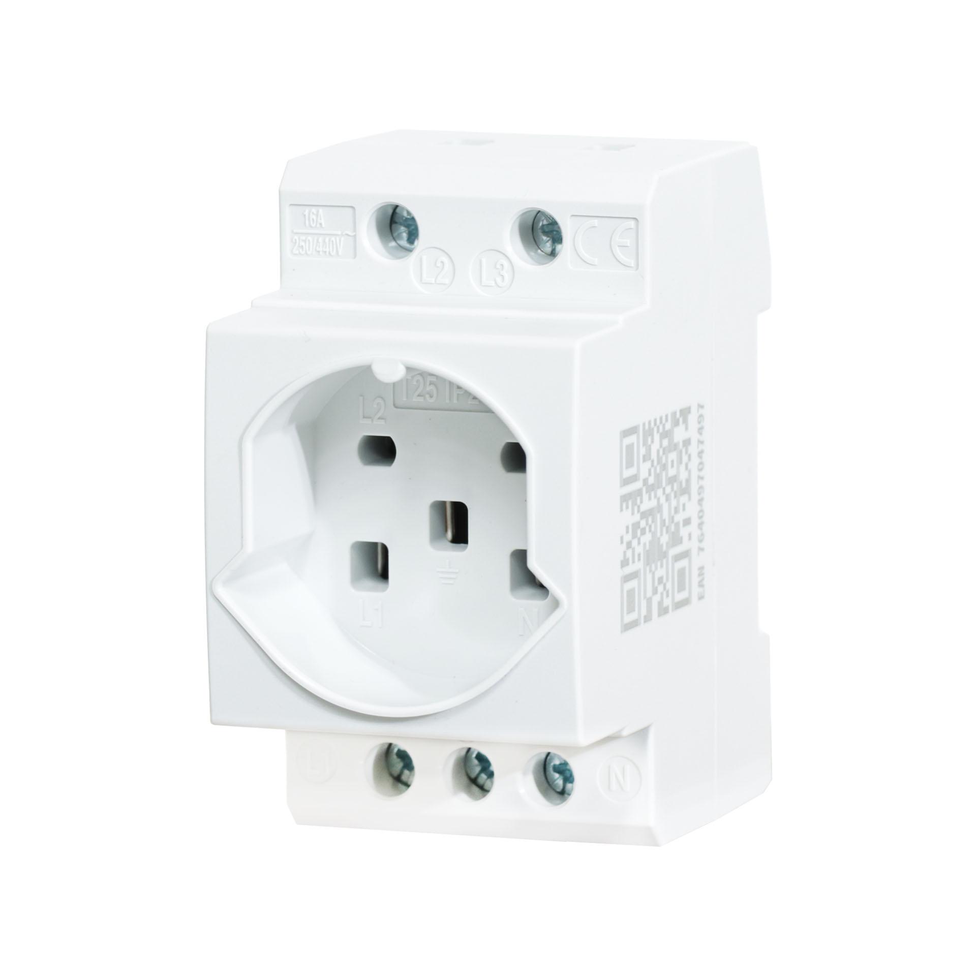 Presa di corrente incorporata T25 16A per guida Din, larghezza solo 2,5 moduli (44 mm), grigio chiaro RAL 7035 Presa di corrente incorporata T25 16A per guida Din, larghezza solo 2,5 moduli (44 mm), grigio chiaro RAL 7035