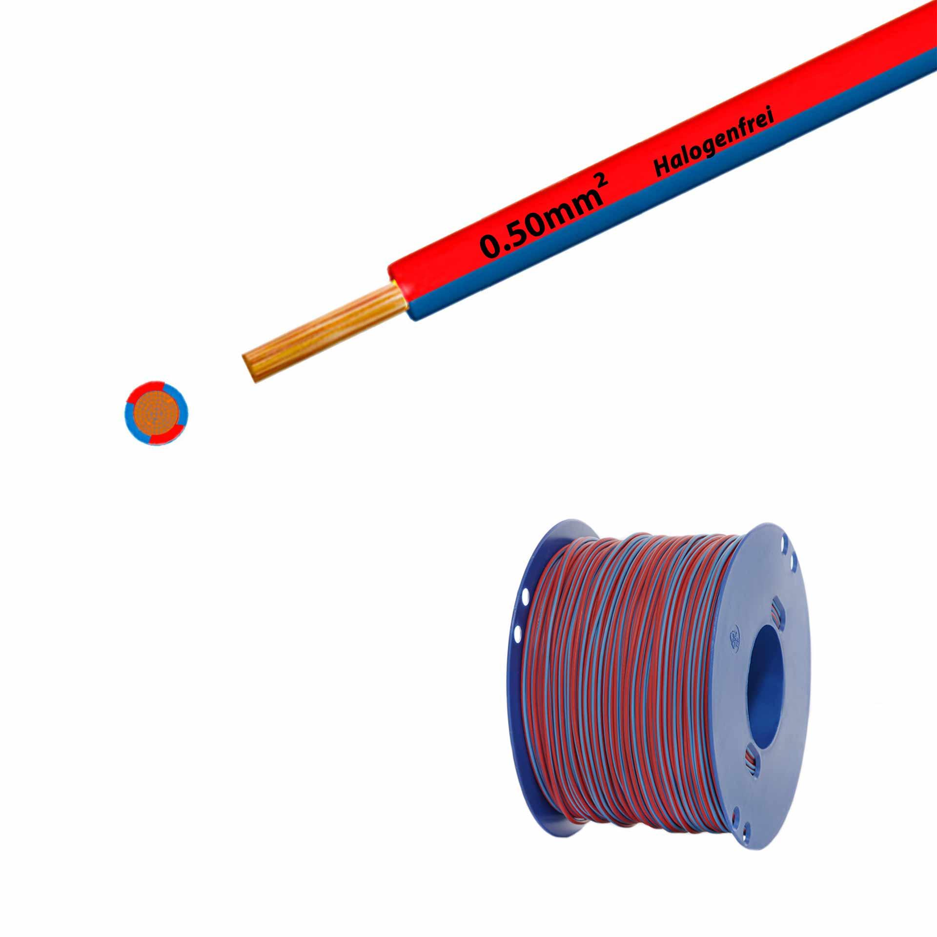 Cavo a trefoli senza alogeni 90° C, 500V, 0,50 mm2, blu-rosso (RAL 5012/3000), su bobina di plastica