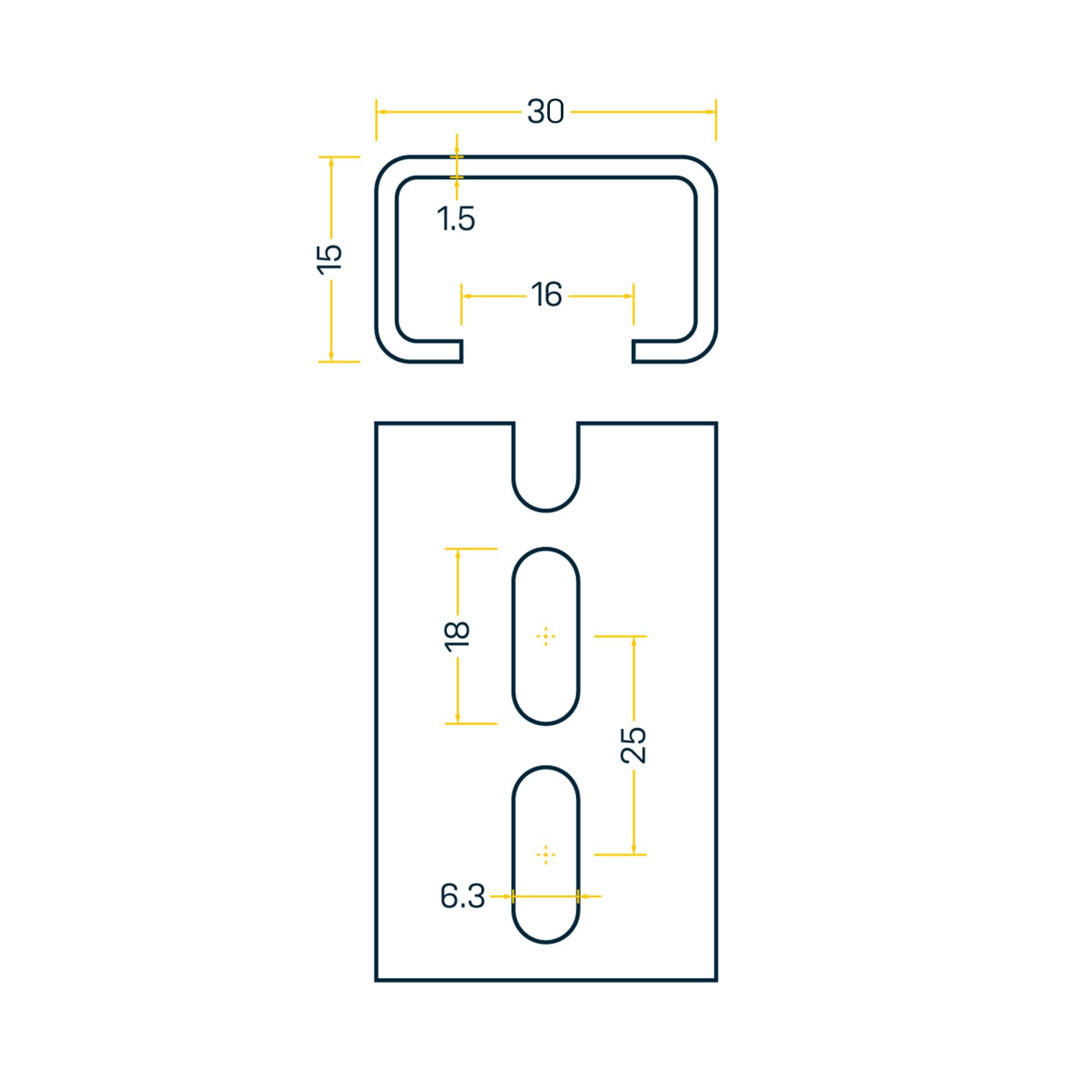 Rail DIN C 30x15mm, barre de 2m, acier galvanisé-passivé, trous oblongs 6.3x18mm (espacement 25mm) Rail DIN C 30x15mm, barre de 2m, acier galvanisé-passivé, trous oblongs 6.3x18mm (espacement 25mm)