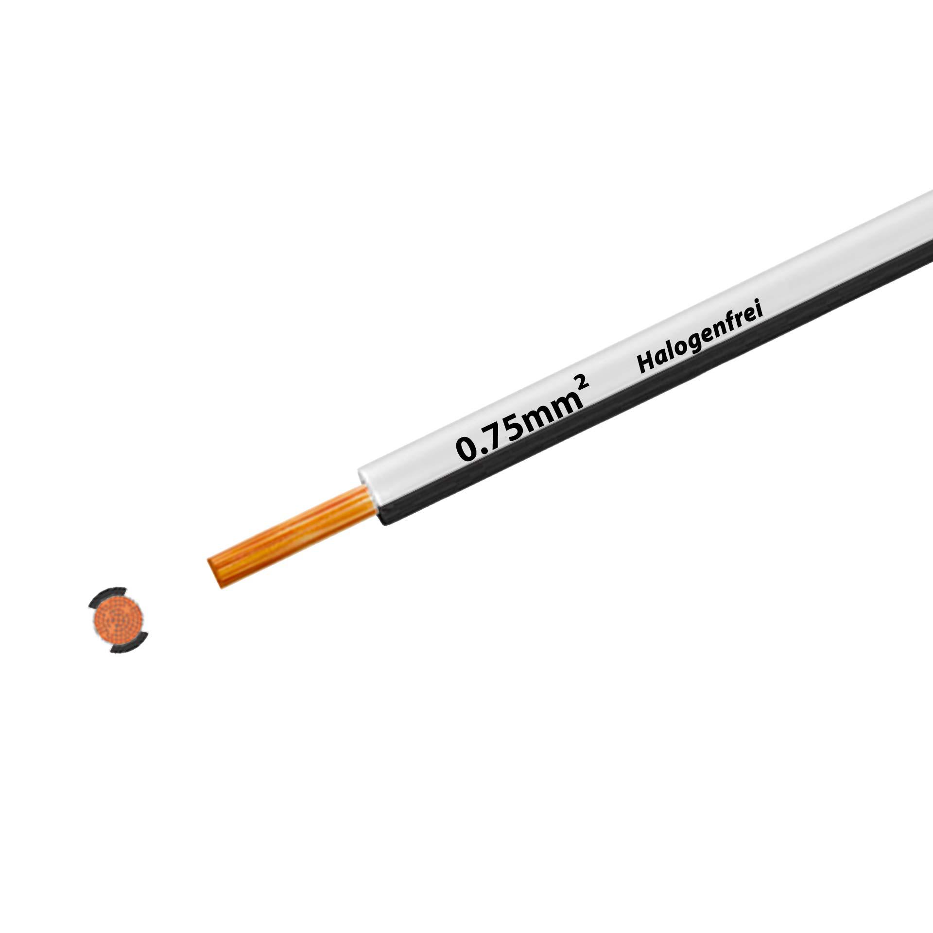 Cavo a trefoli senza alogeni 90° C, 500V, 0,75 mm2, bianco-nero (RAL 9010/9005), su bobina di plastica Cavo a trefoli senza alogeni 90° C, 500V, 0,75 mm2, bianco-nero (RAL 9010/9005), su bobina di plastica