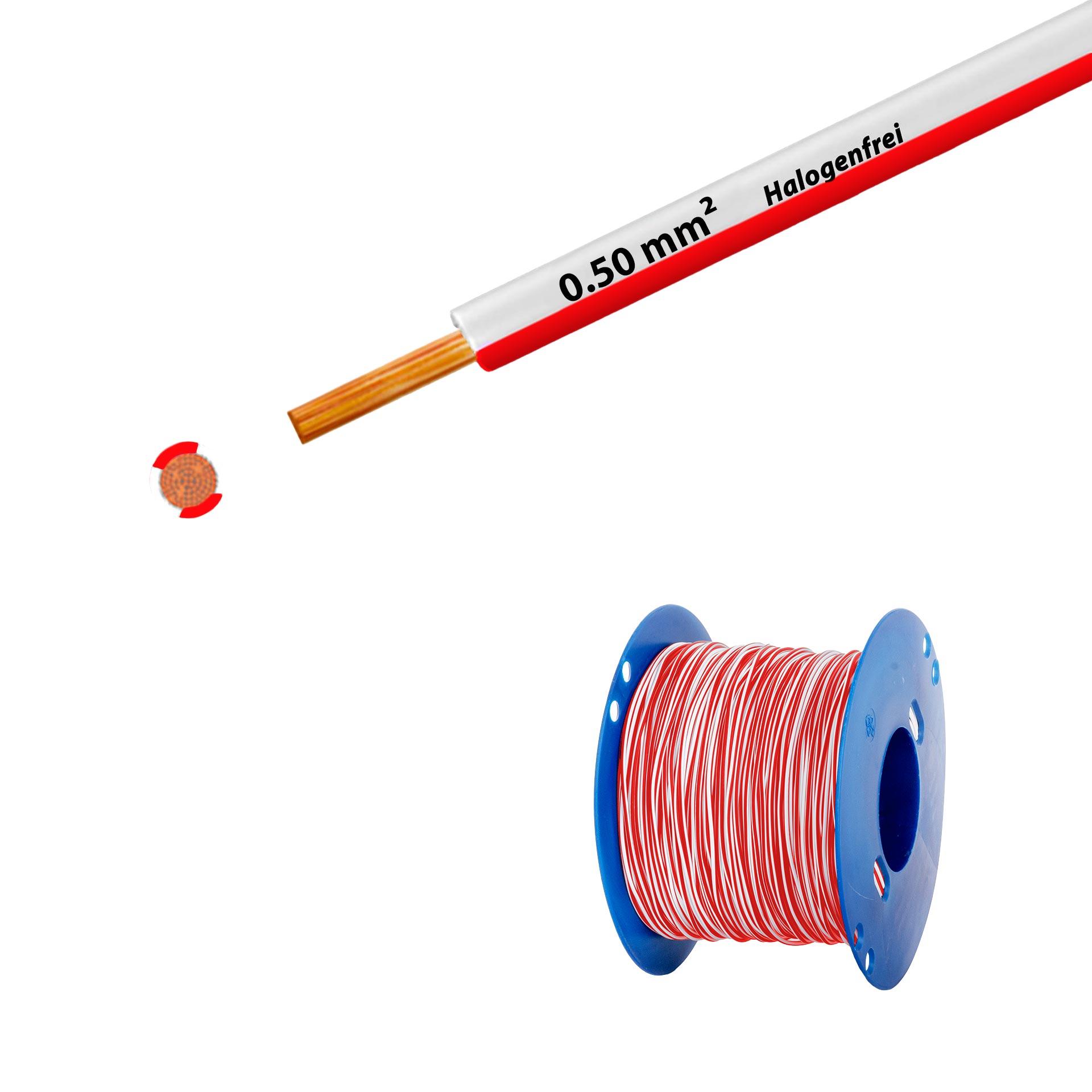 Cavo a trefoli senza alogeni 90° C, 500 V, 0,50 mm2, bianco-rosso (RAL 9010/3000), su bobina di plastica