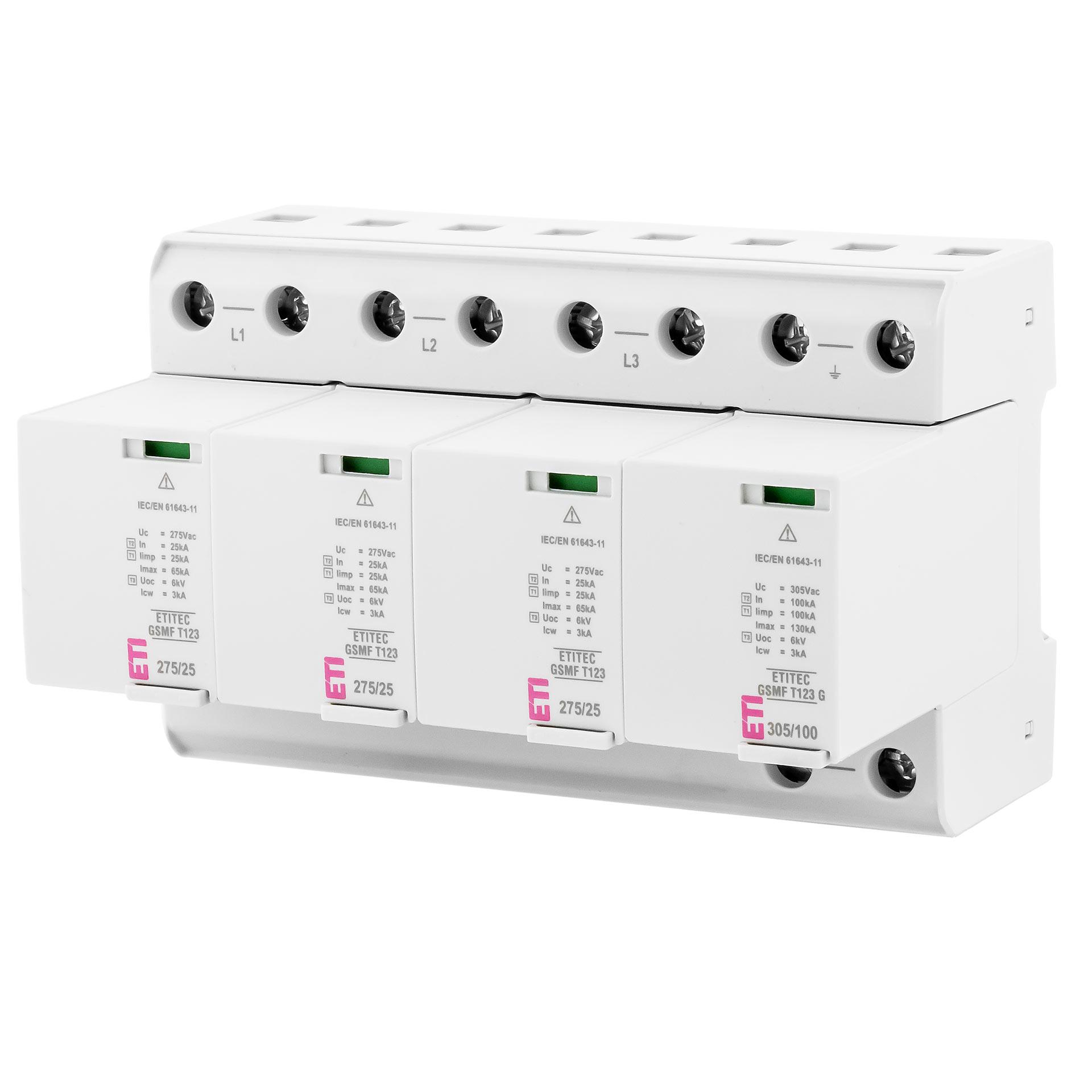 Scaricatore di sovratensione tipo 1+2+3 con fusibile di backup integrato, 275/25 3+1 RC, senza corrente di dispersione, TN-S & TT