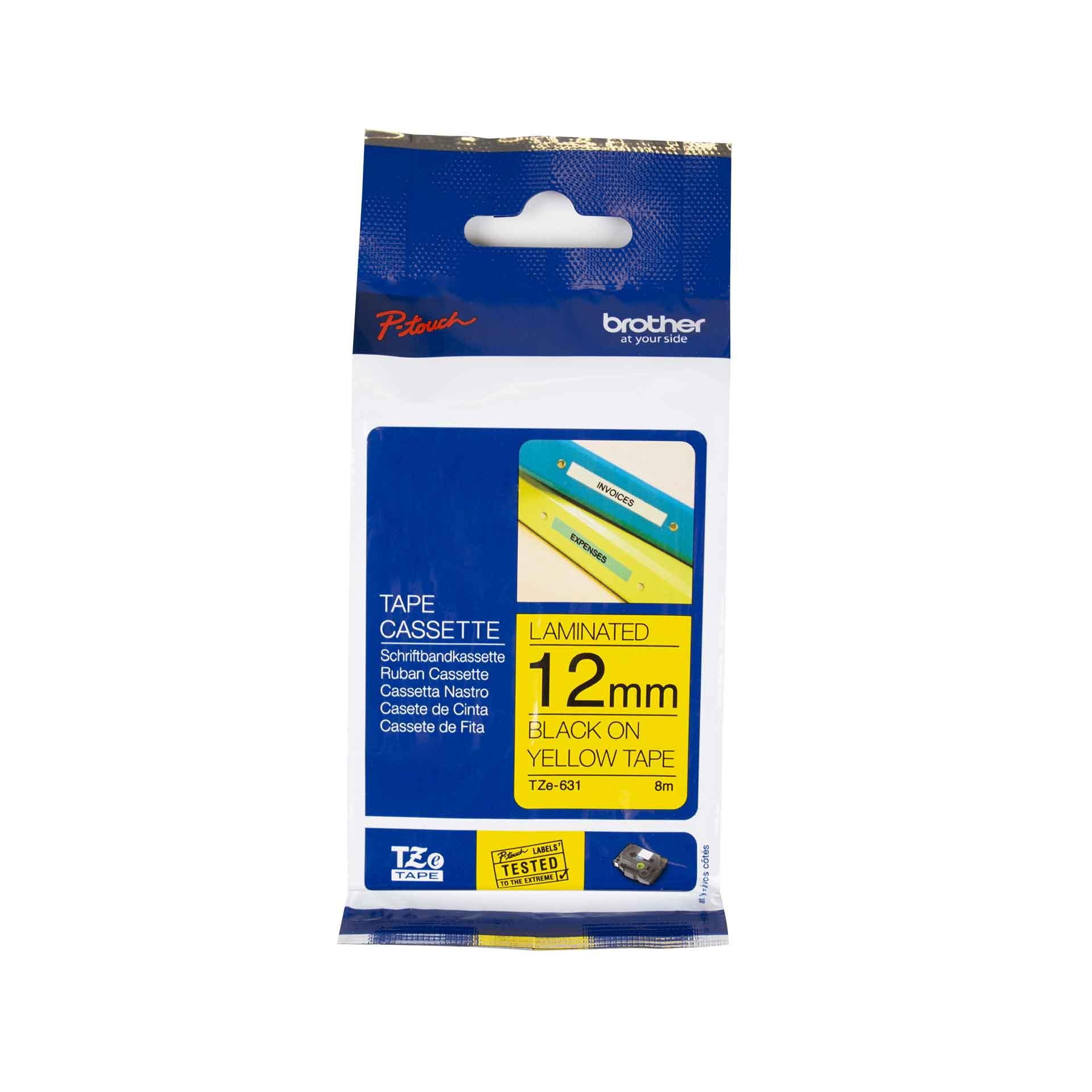 Cassette à ruban pour étiqueteuse Brother, 12mm x 8m, P-Touch TZE-631, jaune / police noir