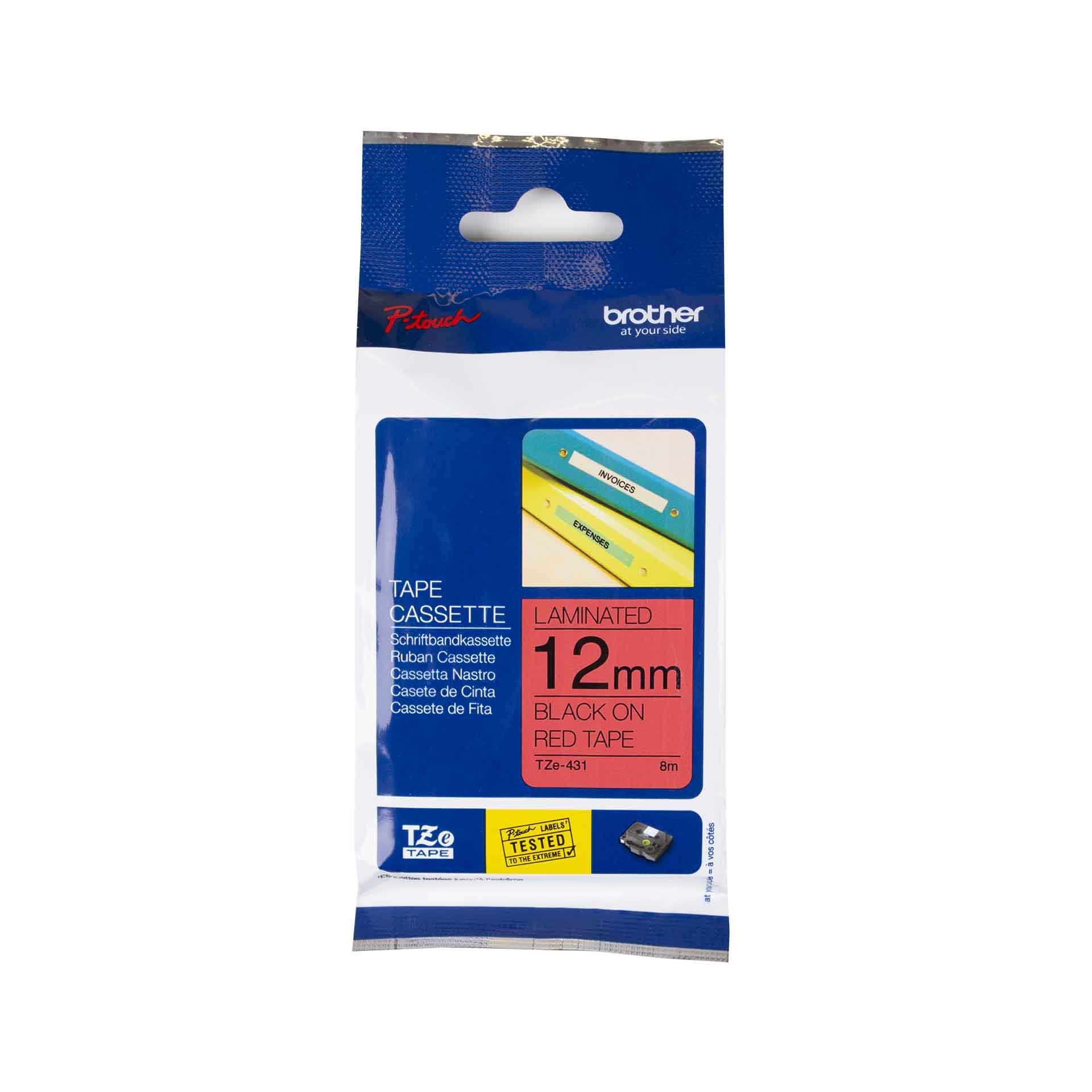 Cassette à ruban pour étiqueteuse Brother, 12mm x 8m, P-Touch TZE-431, rouge / police noir
