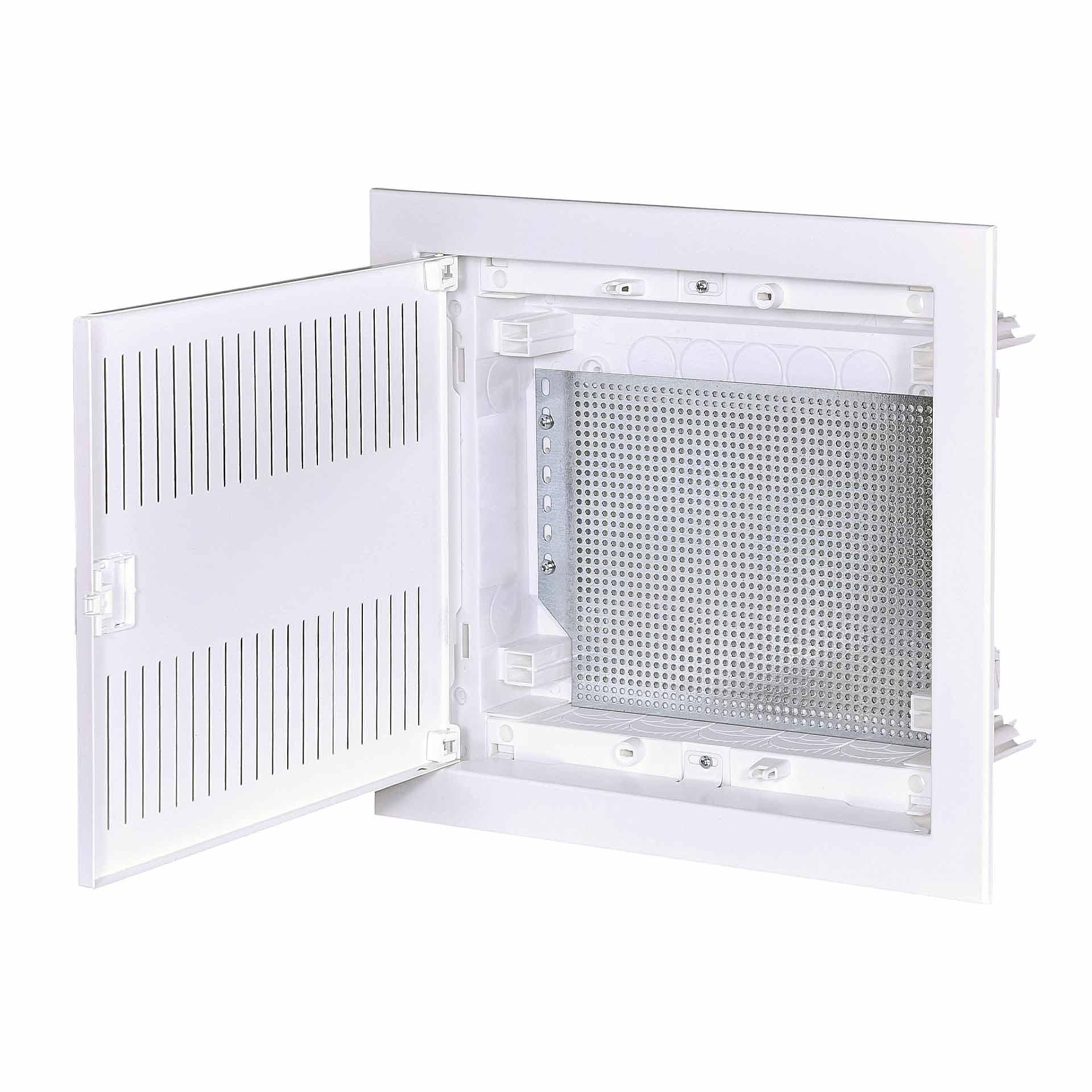 Distributore multimediale da incasso "ECG-28H" con porta in metallo forato bianco (fessure superiori e inferiori) Distributore multimediale da incasso "ECG-28H" con porta in metallo forato bianco (fessure superiori e inferiori)