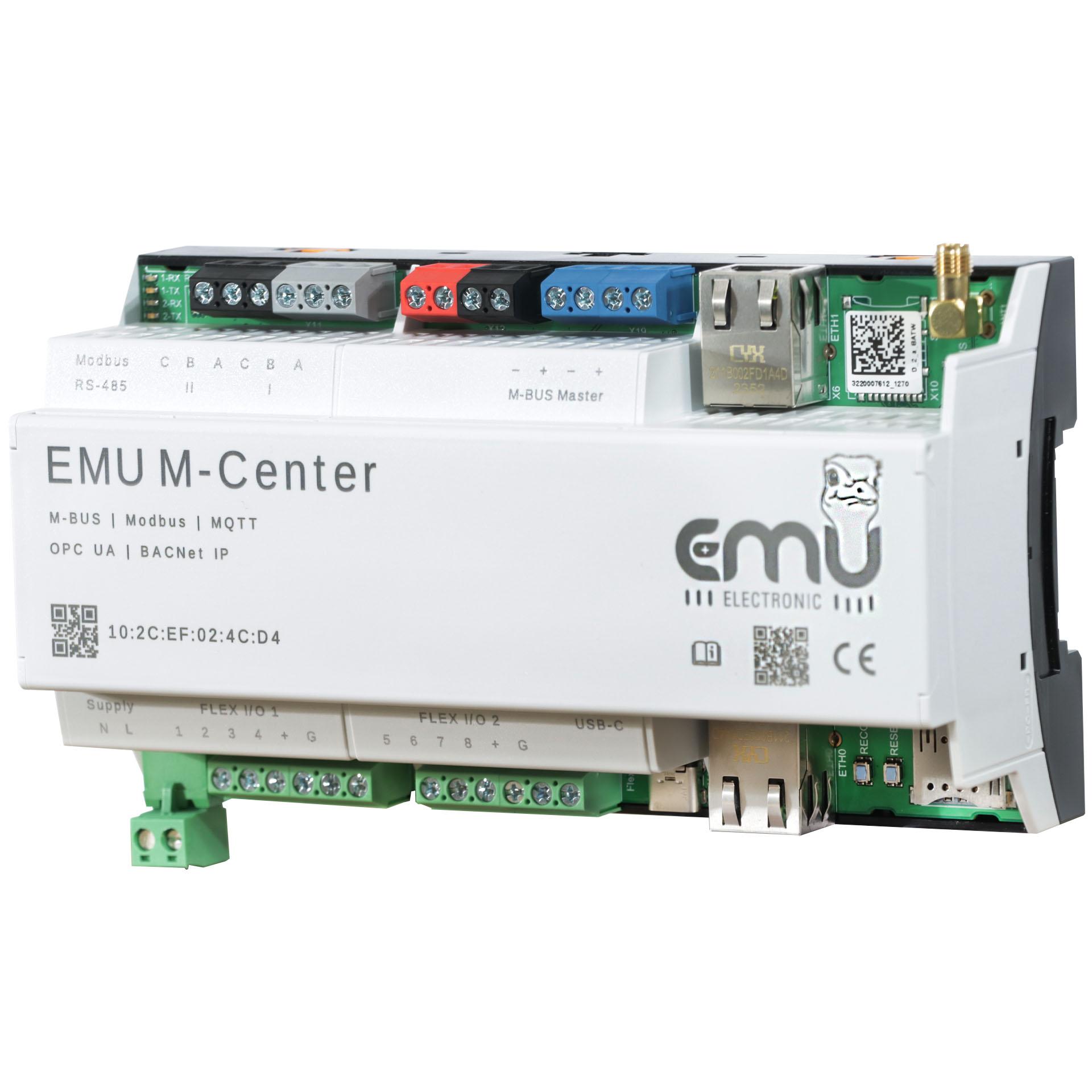 EMU M-Centre (file logger), DHCP, porta di servizio RJ45, RS485, USB, modem integrato