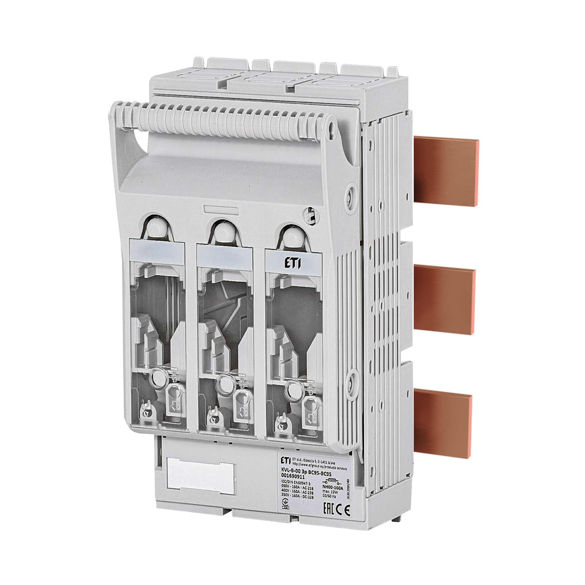 Sezionatore con fusibili NH taglia 00, 3P, max. 160A, KVL-B 00 R95 (sistema a sbarre)