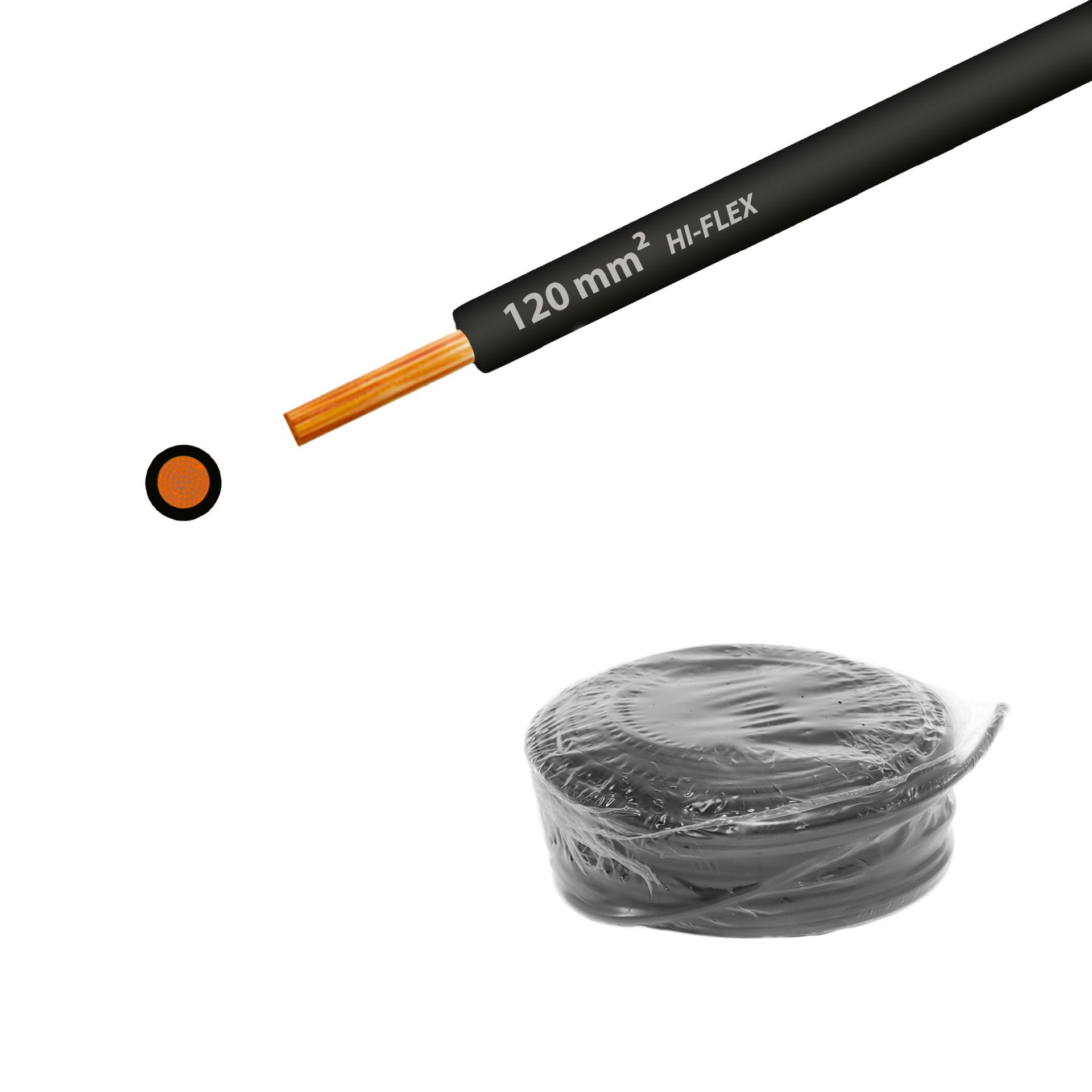 Cavo a trefoli altamente flessibile, 750V (Umax:1000V), "Hi-Flex" RoHs, 120mm2, PVC, EN 60332-1-2, nero Cavo a trefoli altamente flessibile, 750V (Umax:1000V), "Hi-Flex" RoHs, 120mm2, PVC, EN 60332-1-2, nero