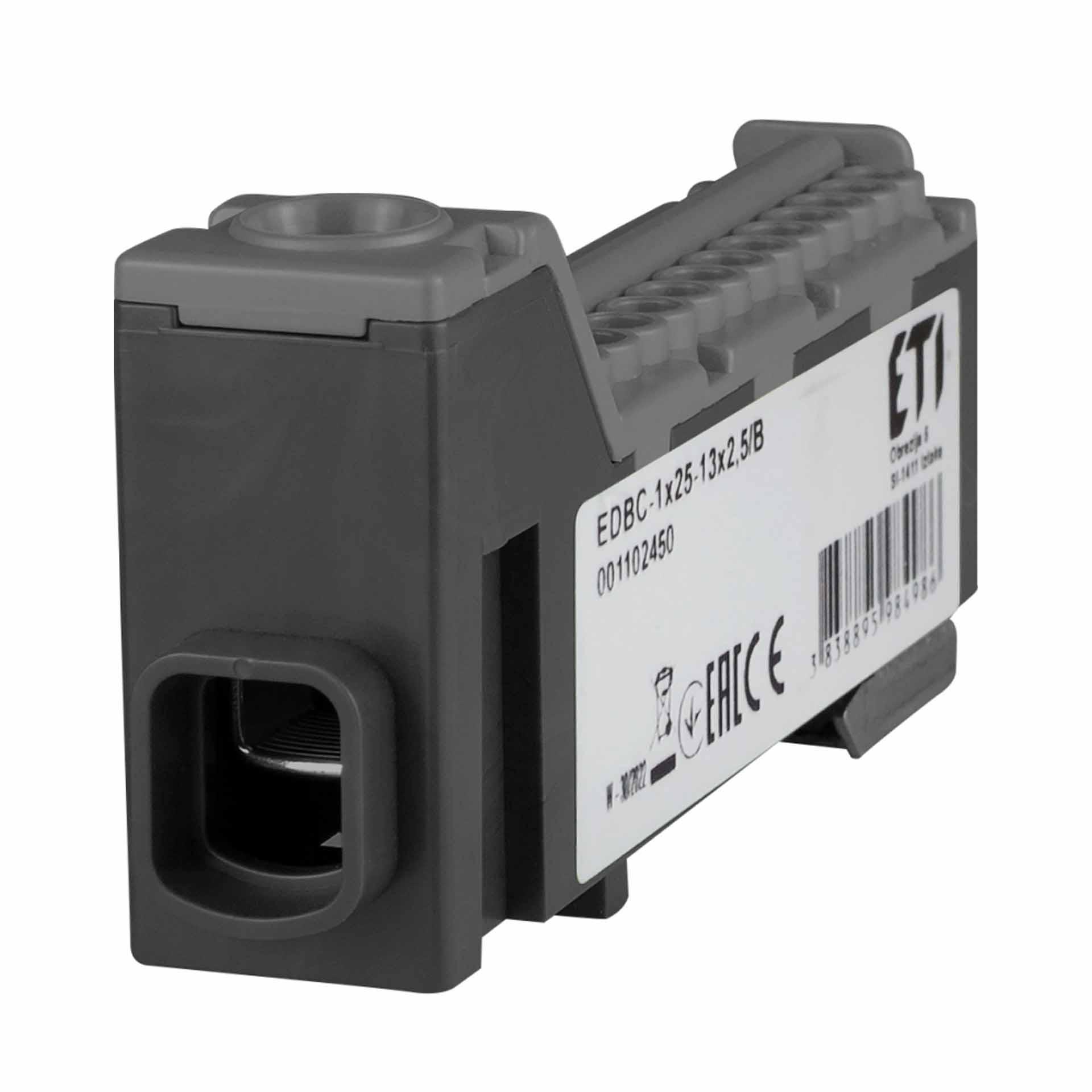 Terminal block, black, 63A, input: 1x2.5-25mm² and outputs: 13x2.5mm²