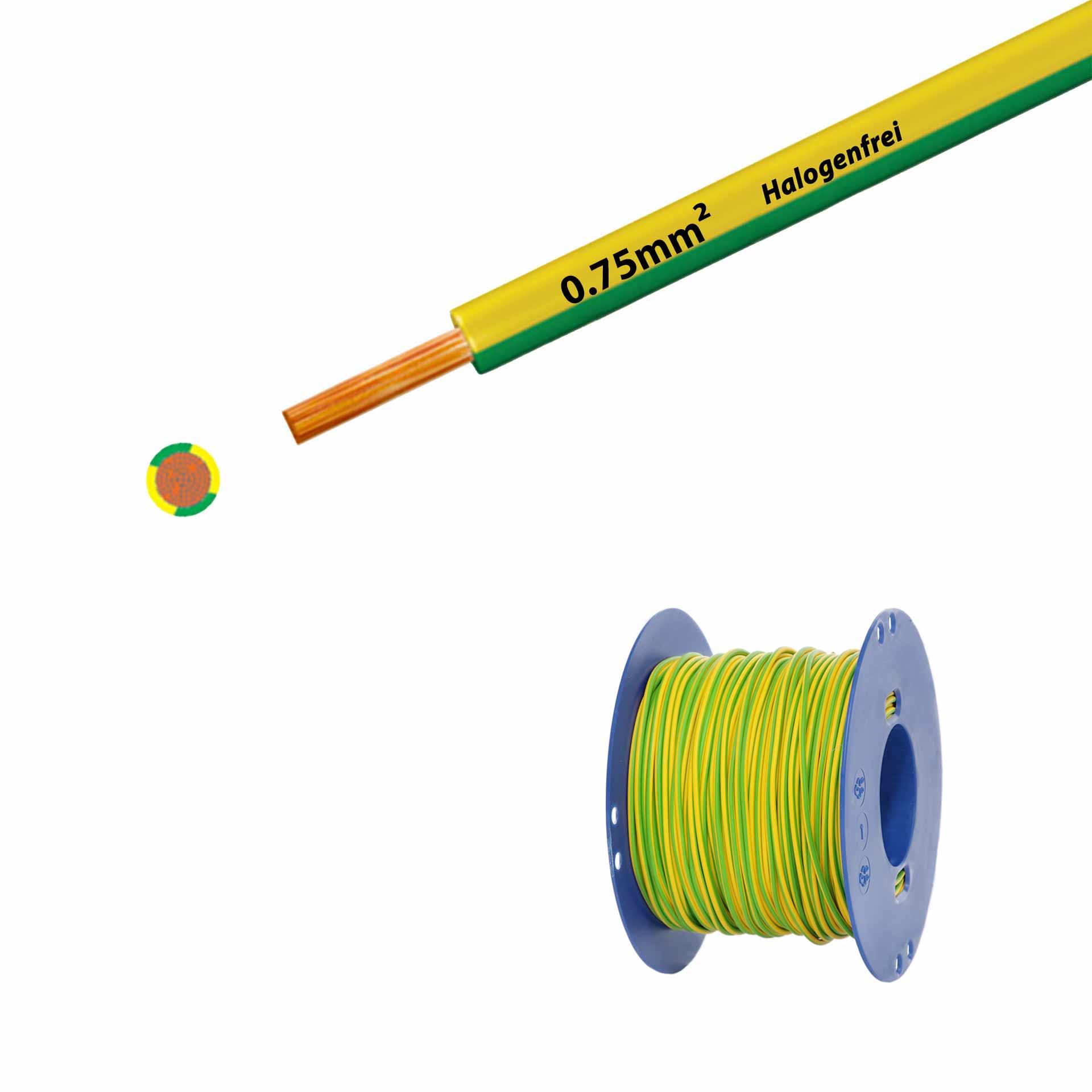 Cavo a trefoli senza alogeni 90° C, 500 V, 0,75 mm2, giallo-verde (RAL 1021/6018), su bobina di plastica Cavo a trefoli senza alogeni 90° C, 500 V, 0,75 mm2, giallo-verde (RAL 1021/6018), su bobina di plastica