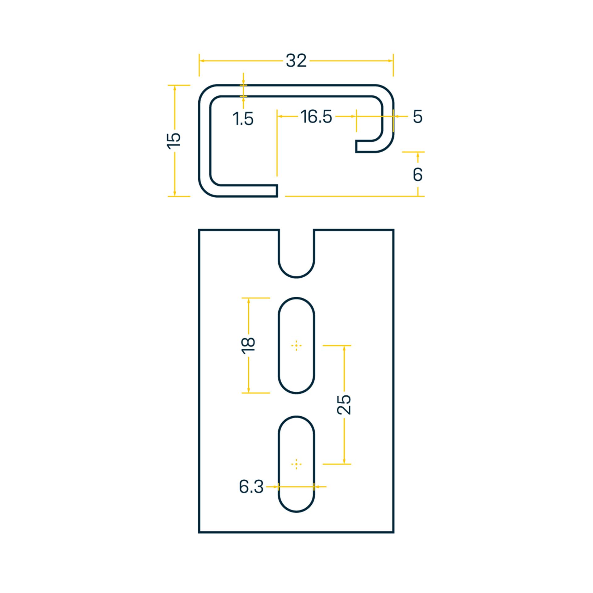 Rail DIN G 32x15mm, barre de 2m, acier galvanisé,trous oblongs 6.3x18mm (espacement 25mm) Rail DIN G 32x15mm, barre de 2m, acier galvanisé,trous oblongs 6.3x18mm (espacement 25mm)