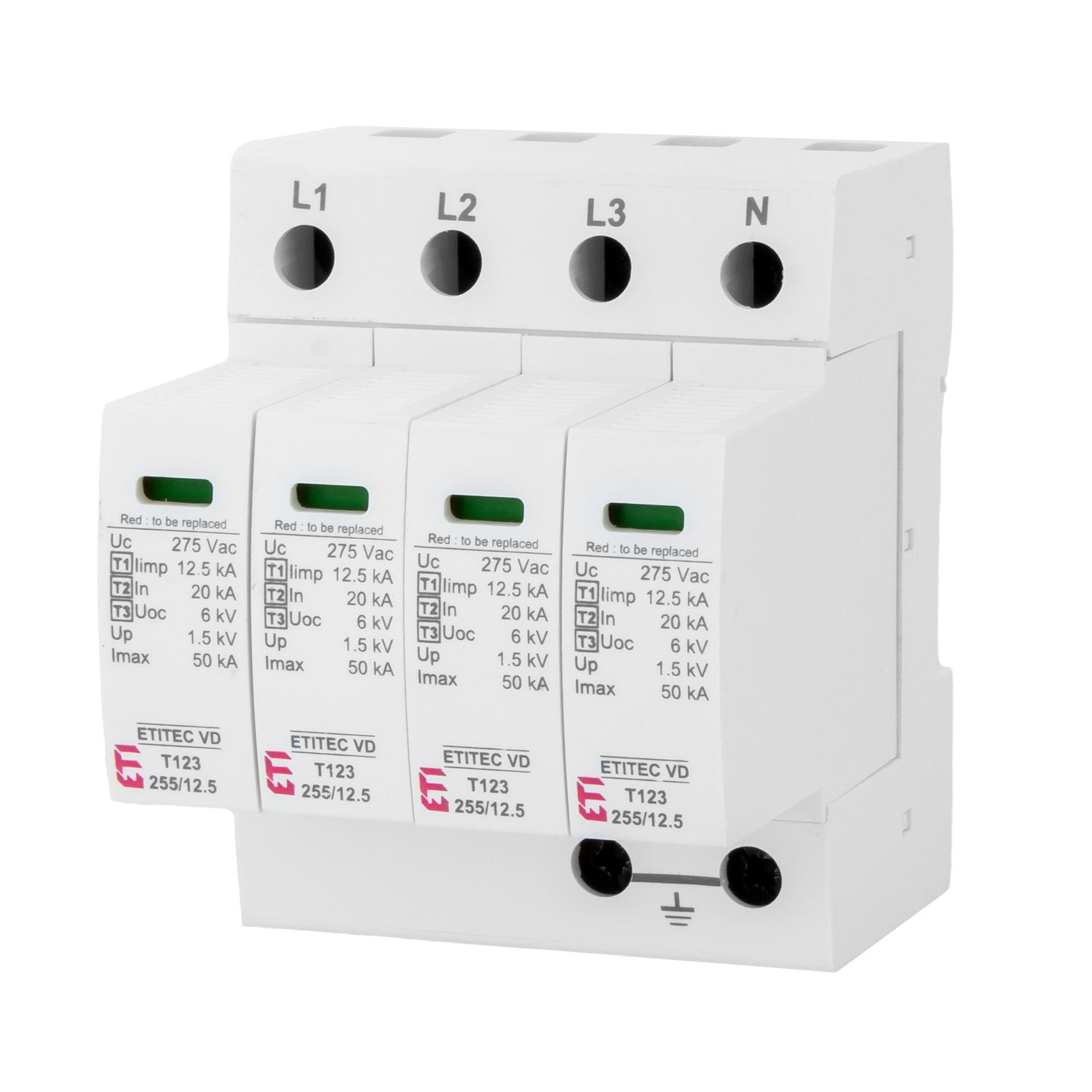 Scaricatore di sovratensione tipo 1+2+3, ETITEC VD T123 255/12,5 4+0 RC senza corrente di dispersione, (TN-S)